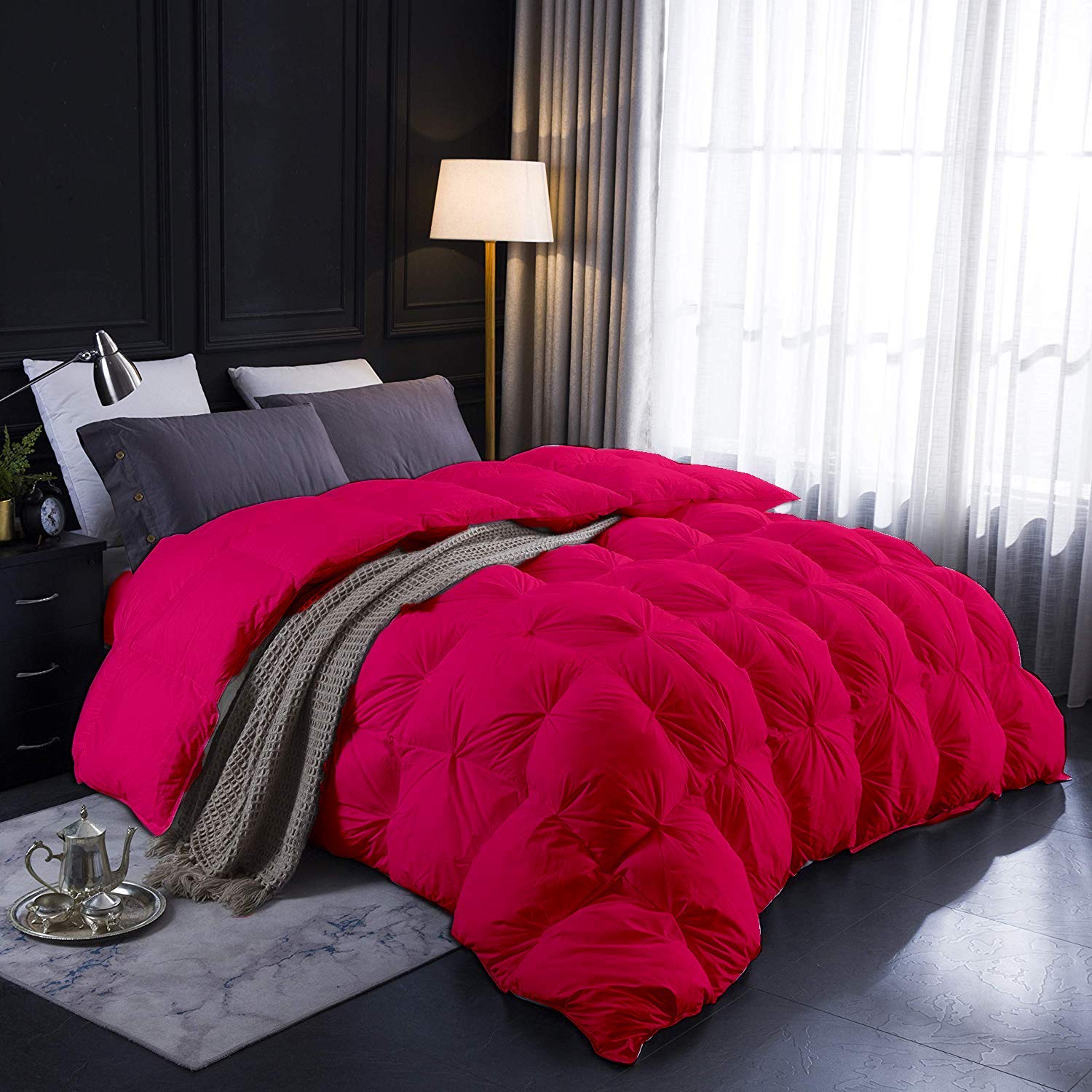 3 Pcs Pinch Pleated Comforter Set - 500 GSM 100% Cotton Baffle Pintuck Down Comforter with Corner Tabs & 2 Pillow Shams (Hot Pink, Oversized King) | All Season Luxury Bedding for Master Bedroom & Guest Room