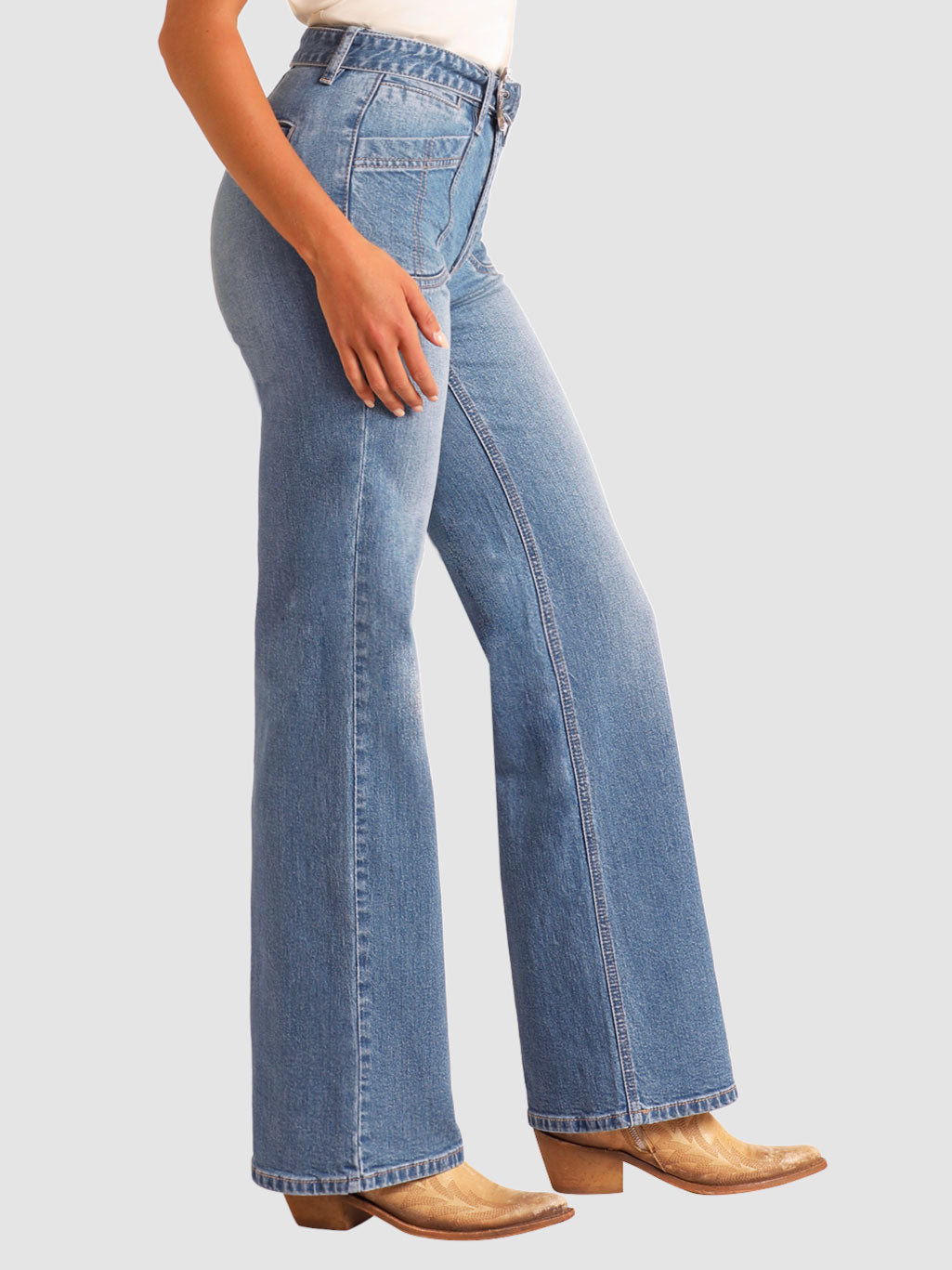 Rock & Roll Denim Women's High Rise Belted Relaxed Flare Jeans - Medium Wash Vintage Style for Casual Outfits & Retro Fashion Looks