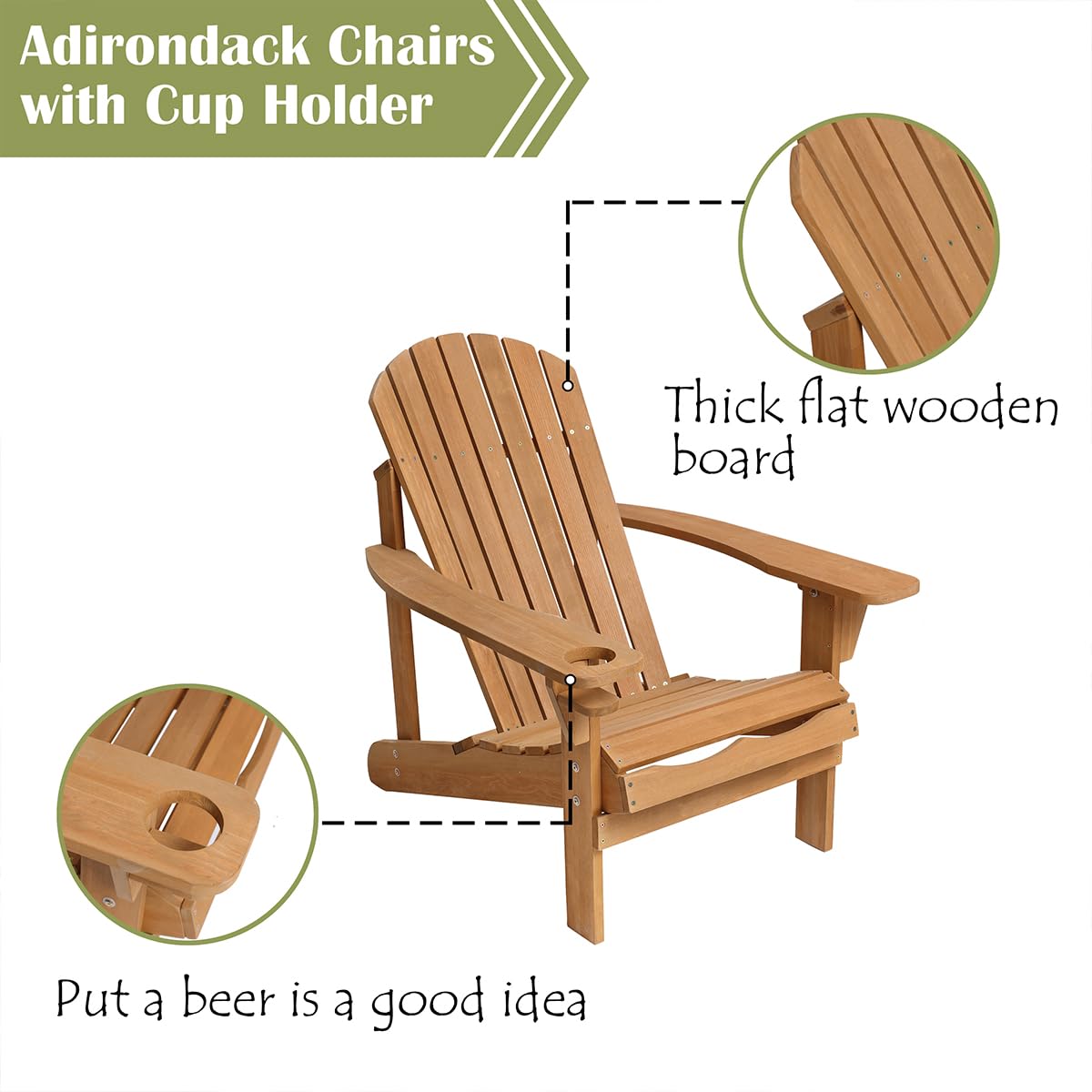 LuxenHome Folding Adirondack Chair - Sturdy Fir Wood Outdoor Lounge Chair with Cup Holder for Patio, Poolside, Garden & Backyard - Comfortable Oversized Fire Pit Seating for Relaxing & Lounging