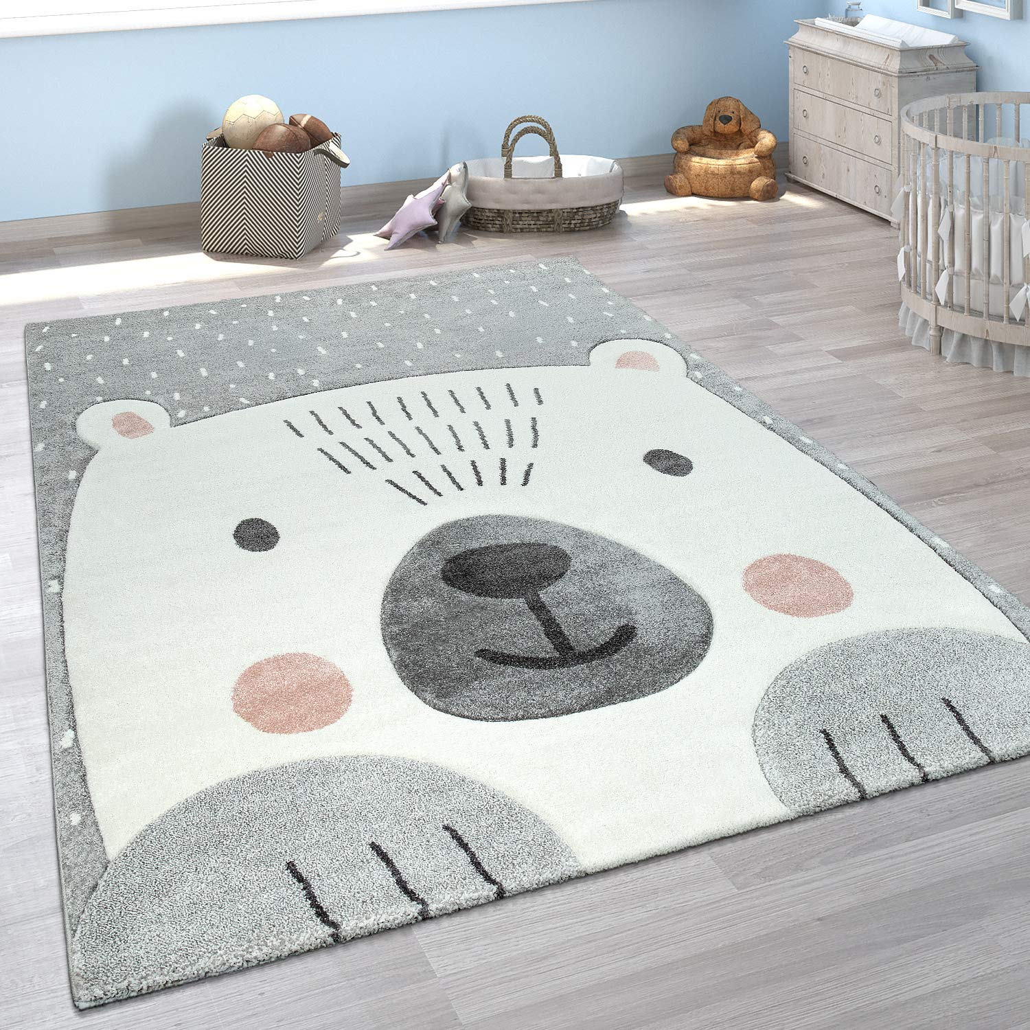 Soft Grey & White Kids Room Rug with Adorable Bear Design - 6'7