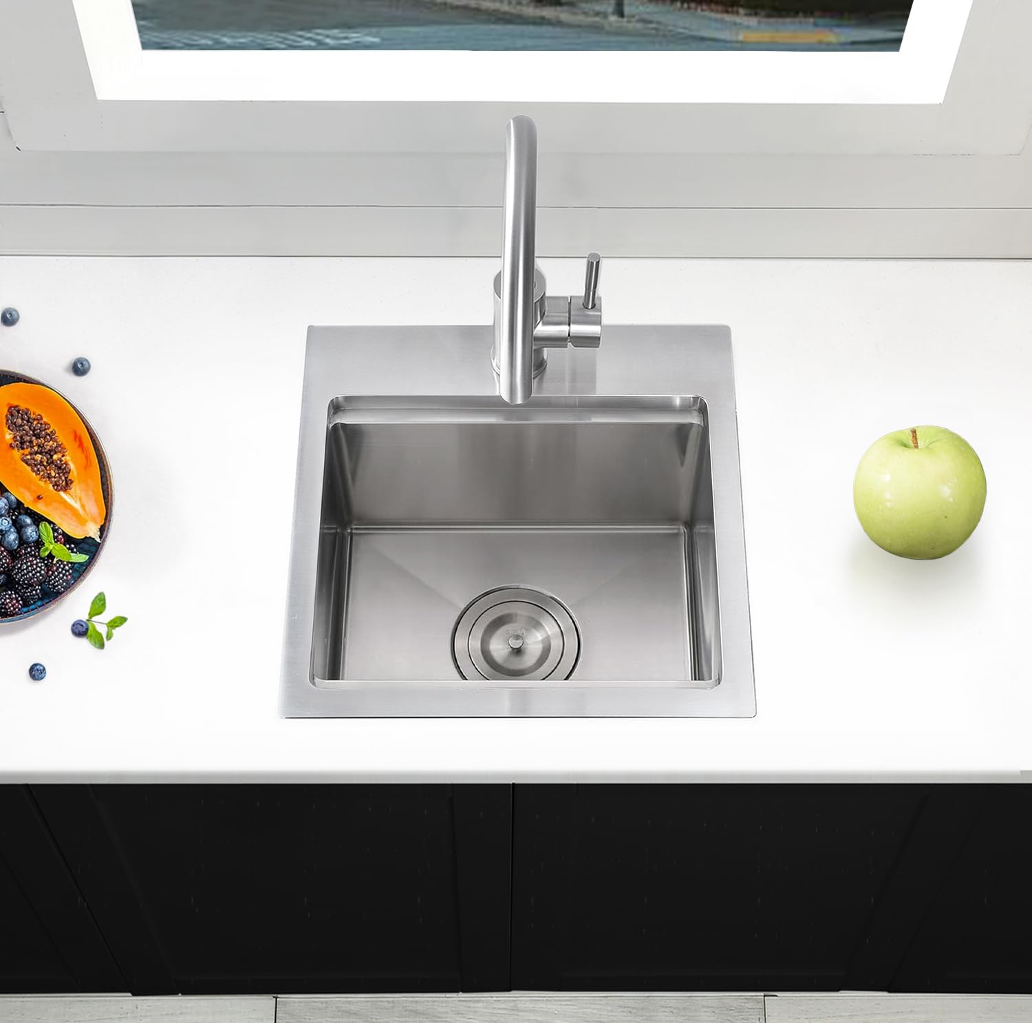 15 Inch Drop In Kitchen Bar Sink - 16 Gauge Stainless Steel Single Bowl Topmount Workstation (15x15x9) with Dish Grid & Drain - Perfect for Outdoor Prep, Wet Bars & Commercial Kitchens