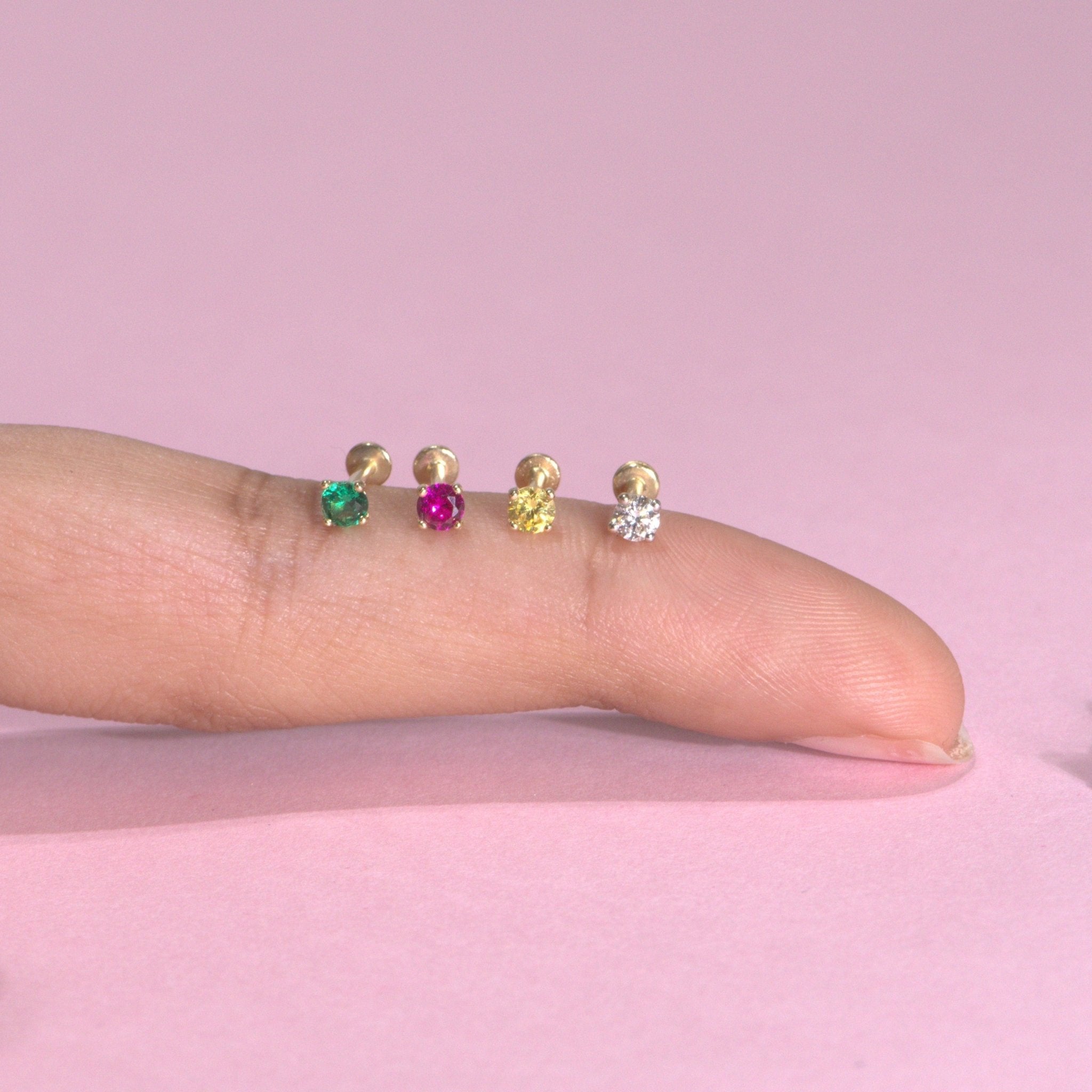 14K Solid Yellow Gold Ruby Cartilage Flat Back Stud Earrings - Perfect for Everyday Wear, Gifts & Special Occasions