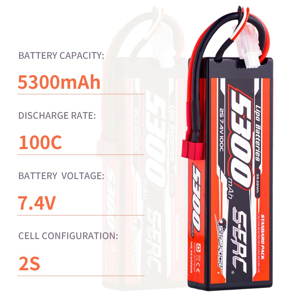 SUNPADOW 2S Lipo Battery 7.4V 5300mAh 100C Hard Case with Deans T Connector - Rechargeable RC Battery for RC Cars, Trucks, Buggies, Truggies and Tanks (2 Pack) - Perfect for High-Speed Racing, Off-Road Bashing and RC Vehicle Power Supply