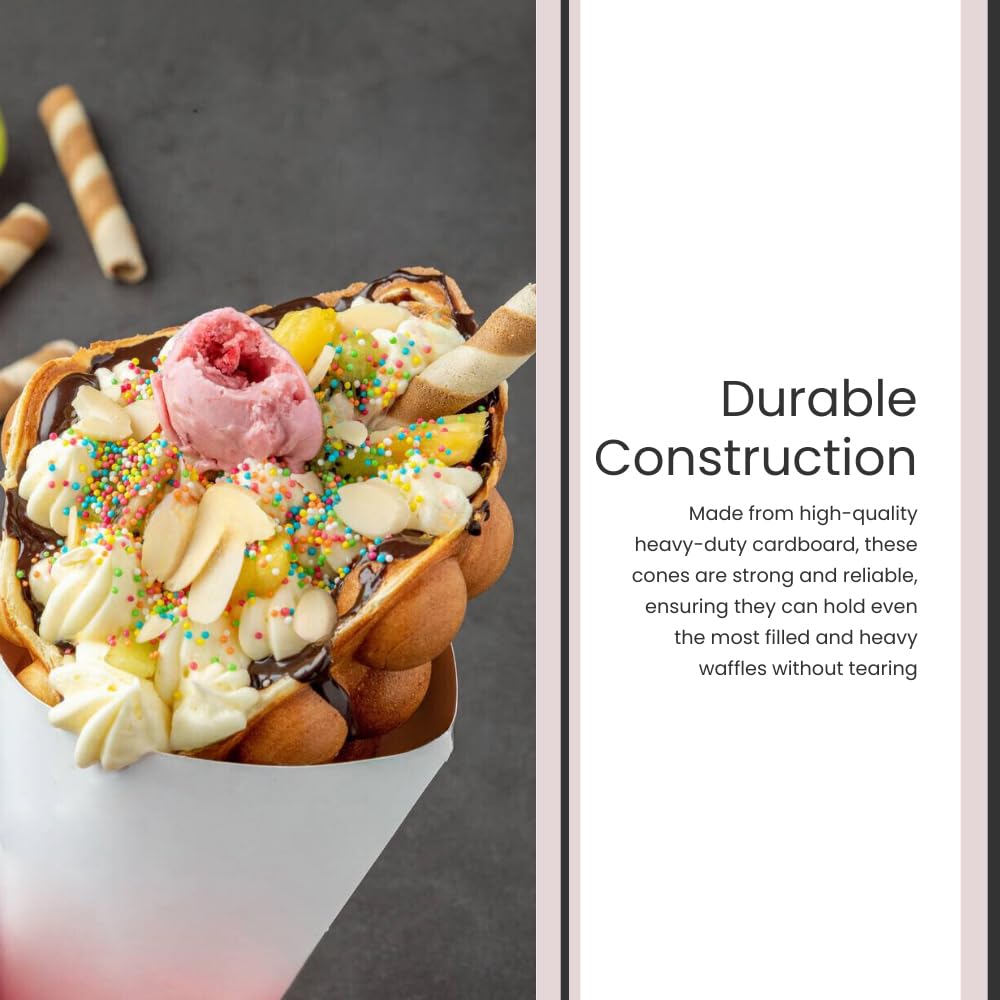Hong Kong Egg Waffle Cones [Pack of 100] – White, Food Safe Heavy Duty Cardboard, Disposable Dessert Cones for Waffles, Funnel Cakes, Ice Cream & Snacks | Perfect for Street Food Vendors, Takeaway Packaging & Party Serving