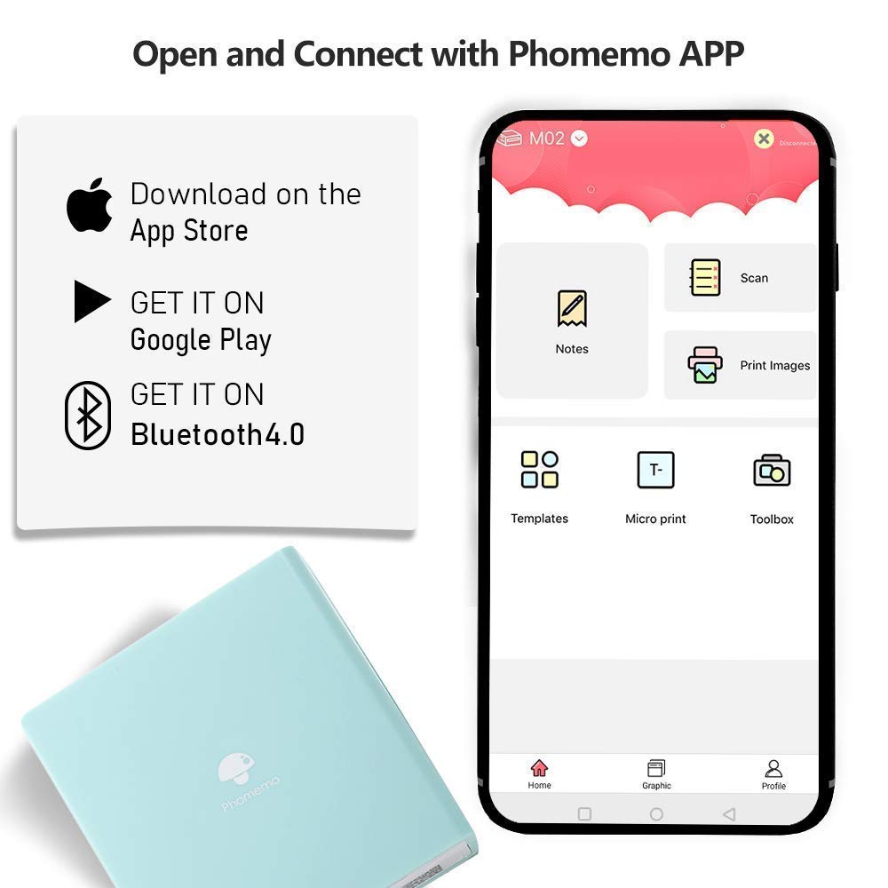 Phomemo M02 Mini Bluetooth Thermal Photo Printer - Portable Sticker Printer with 3 Rolls Colorful Paper, Compatible with iOS & Android for Journaling, Study Notes, Art Projects, Office Use & Gifts | Perfect for Bullet Journals, DIY Crafts, and Home Organization