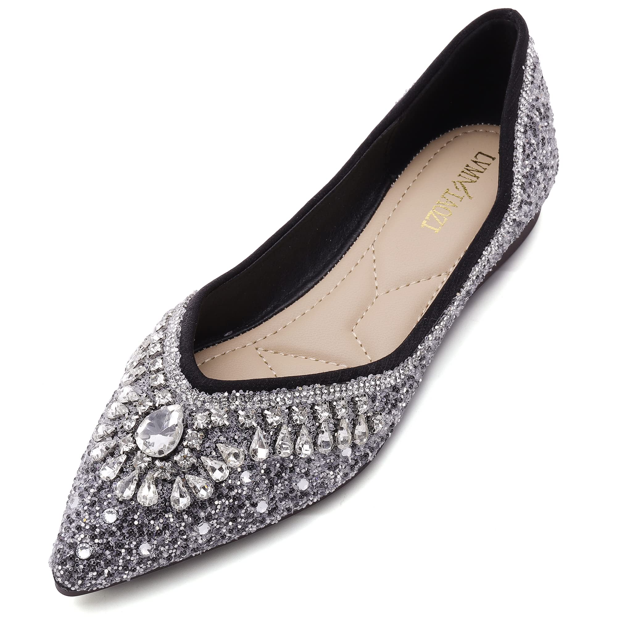 Sparkly Rhinestone Sequin Pointed Toe Flats for Women - Elegant Wedding & Evening Dress Shoes - Comfortable Formal Flats for Parties, Prom, Bridesmaids & Special Occasions