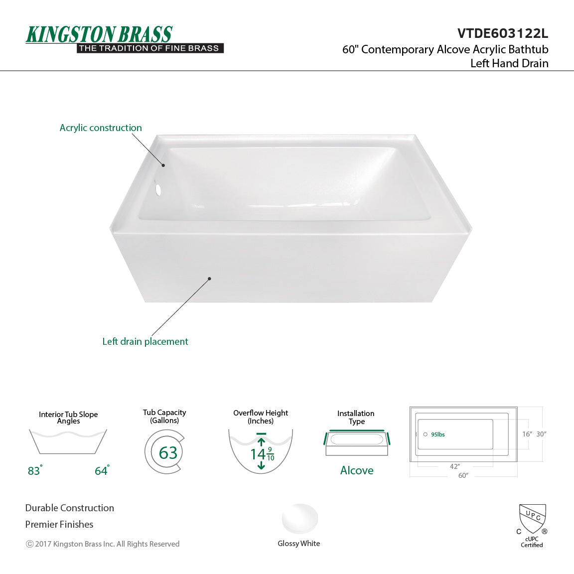 Aqua Eden VTDE603122X 60-Inch Acrylic Regular Alcove Bathtub - Perfect for Small Bathrooms & Spa-Like Relaxation at Home
