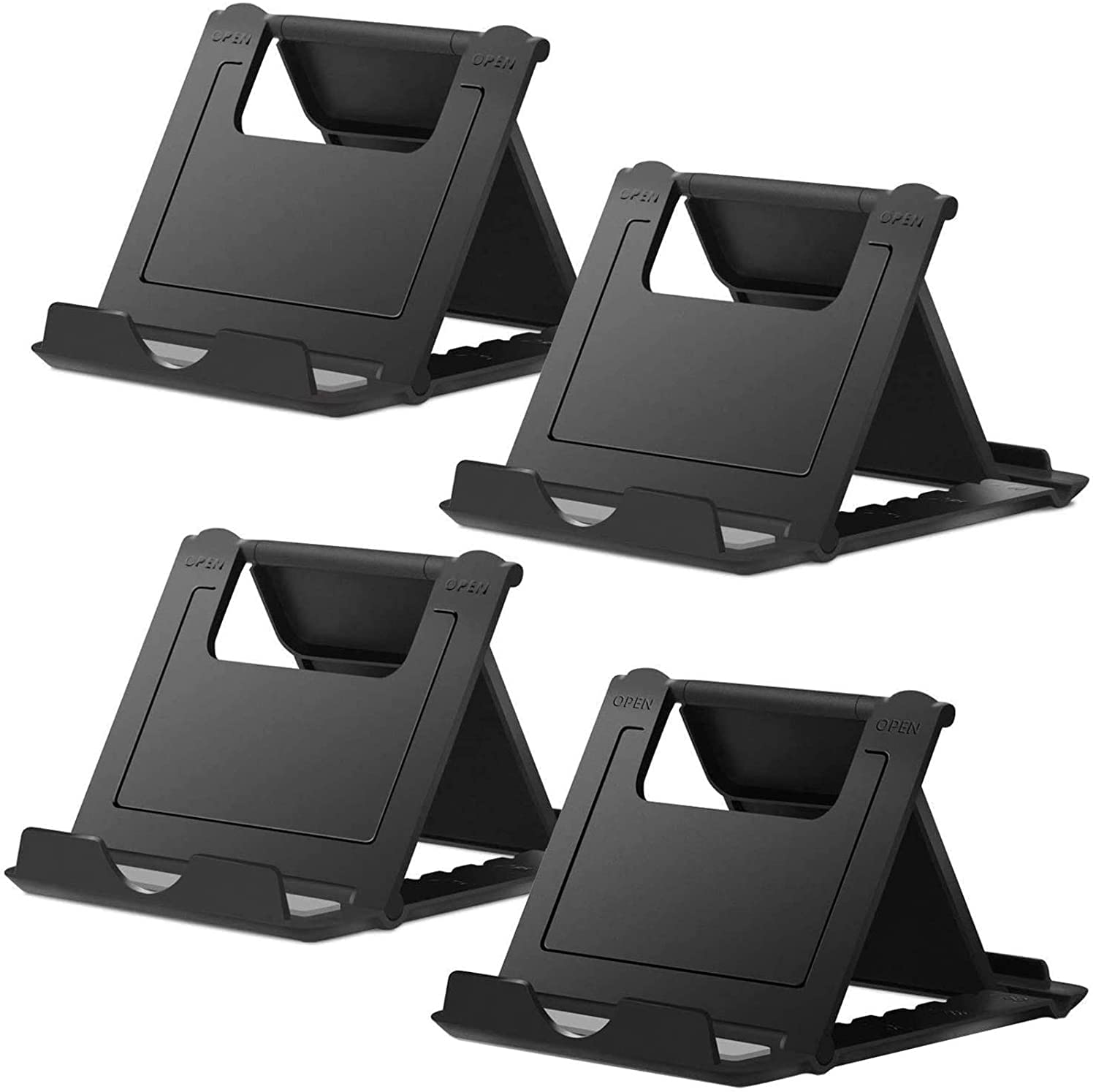 COOLOO 4-Pack Multi-Angle Cell Phone & Tablet Stand - Universal Desk Holder Compatible with iPhone 13/12/Pro/Plus & All Android Smartphones (Black) - Perfect for Home Office, Bedside, Kitchen & Video Calls