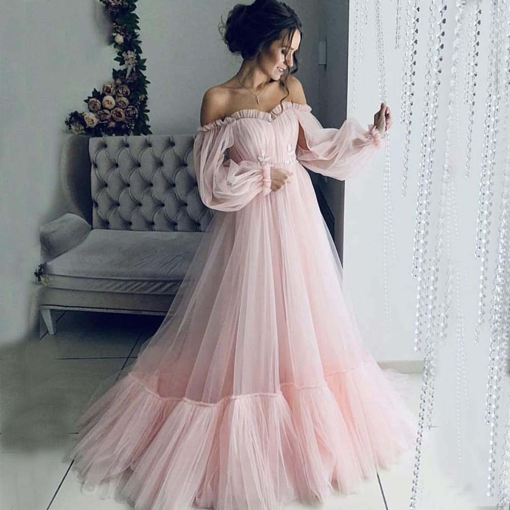 Elegant Off Shoulder Long Sleeve Tulle Evening Dress for Women - Perfect for Formal Occasions, Prom, Gala & Wedding Guest Outfits
