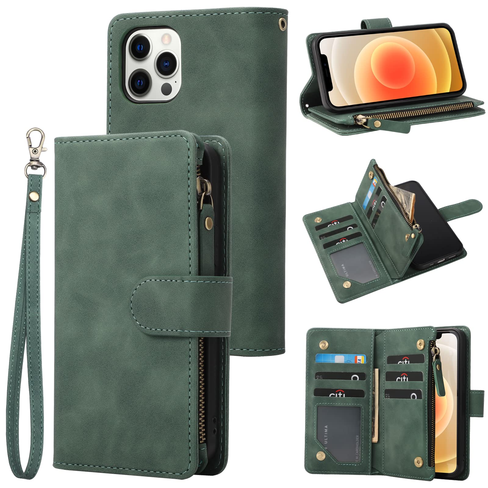Premium PU Leather Zipper Wallet Case for iPhone 13 Pro (6.1 inch) - RFID Blocking, Magnetic Closure, Built-in Kickstand & Wrist Strap | Slim Protective Phone Cover for Daily Use, Travel & Business (Black/Green)