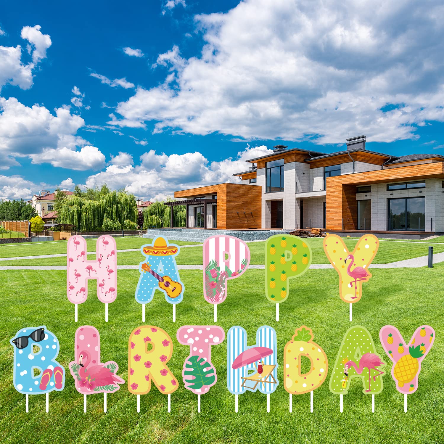 Happy Birthday Yard Sign - Pink Flamingo & Pineapple Tropical Party Decor for Outdoor Garden, Hawaiian Summer Birthday Celebration - Perfect for Backyard Parties, Luau Events & Beach Themed Decorations
