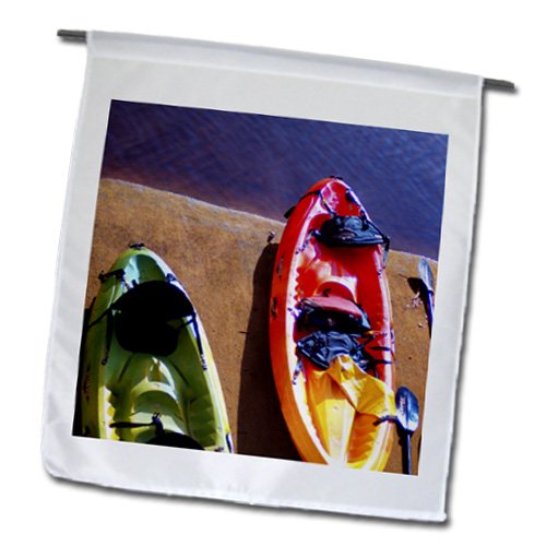 3D Rose Florene Boats - Red Yellow Green Kayak Over Blue Water - 12 x 18 Inch Outdoor Garden Flag (fl_35256_1) - Perfect for Patio, Yard, and Home Decor