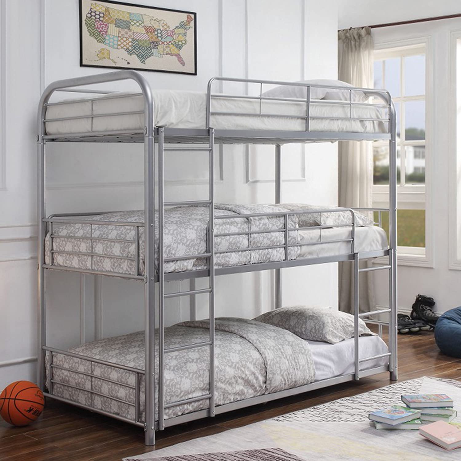 Sturdy Metal Triple Bunk Bed - Twin Over Full with Attached Loft Bed Frame | Safe Design with Ladders & Guardrails for Kids, Teens & Adults | Space-Saving Solution for Dorms, Guest Rooms & Small Apartments (Silver)