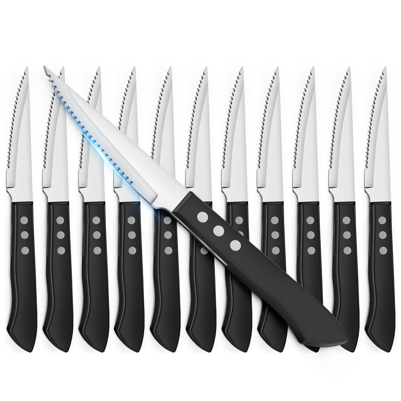 BEWOS 12-Piece Steak Knife Set - 4-inch Serrated High Carbon Stainless Steel Knives with Triple Rivet Handle, Ultra Sharp Blades, Dishwasher Safe - Perfect for Steak Dinners, BBQs, and Fine Dining