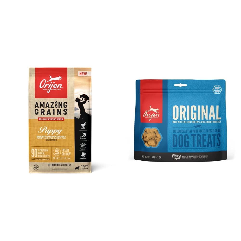 ORIJEN® High Protein Dry Dog Food with Amazing Grains for Puppies - 22.5LB Bag | Freeze-Dried Dog Treats 1.5oz | Premium Nutrition for Growing Dogs | Perfect for Training, Snacking & Mealtime Rewards