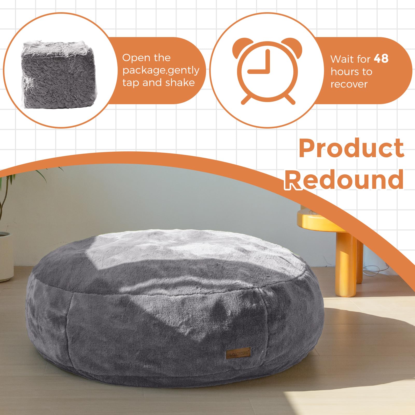 MAXYOYO 3-in-1 Kids Bean Bag Chair Bed - Convertible Faux Fur Round Floor Sofa for Children's Room, Gaming & Reading Nook - Dark Grey - Perfect for Playrooms, Bedrooms & Cozy Corners