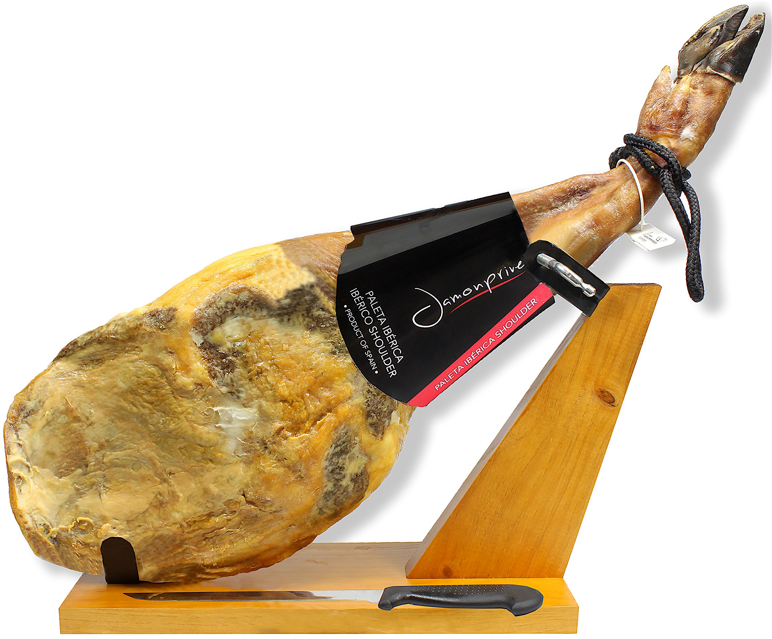 Premium Iberico Ham Shoulder - Grass-Fed, Bone-In (9.5-11lb) with Ham Stand & Knife + Spanish Serrano Ham Sliced Dry-Cured (12oz) | Nitrate-Free, All-Natural, GMO & Gluten-Free | Perfect for Charcuterie Boards, Tapas & Gourmet Gifts