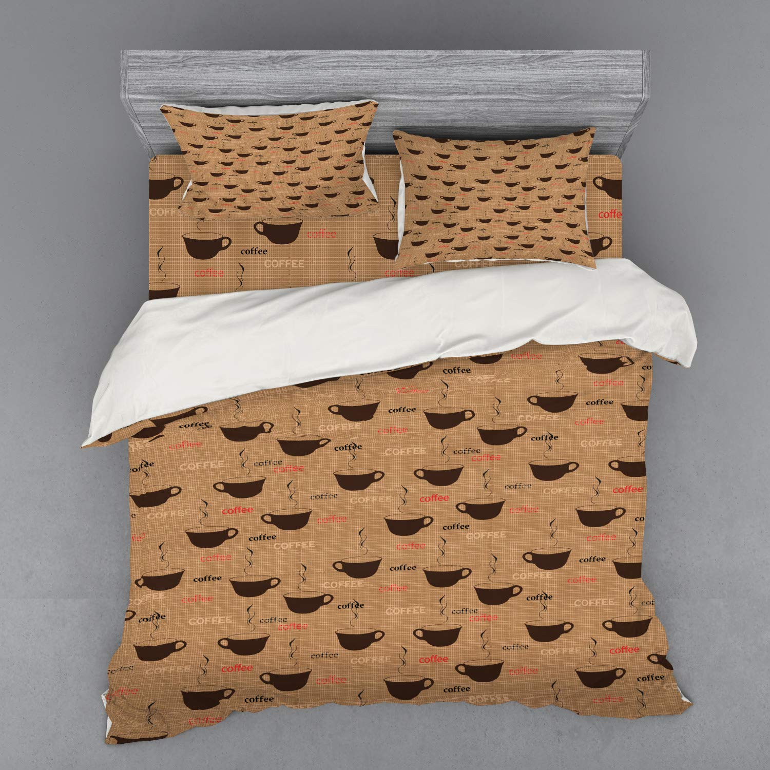 Ambesonne Coffee Duvet Cover Set - King Size 4-Piece Bedding with Shams & Fitted Sheet, Earthen Tone Coffee Cup Design in Chocolate & Pale Brown | Perfect for Coffee Lovers' Bedroom Decor, Gift for Baristas, Cafe-Themed Home Decor
