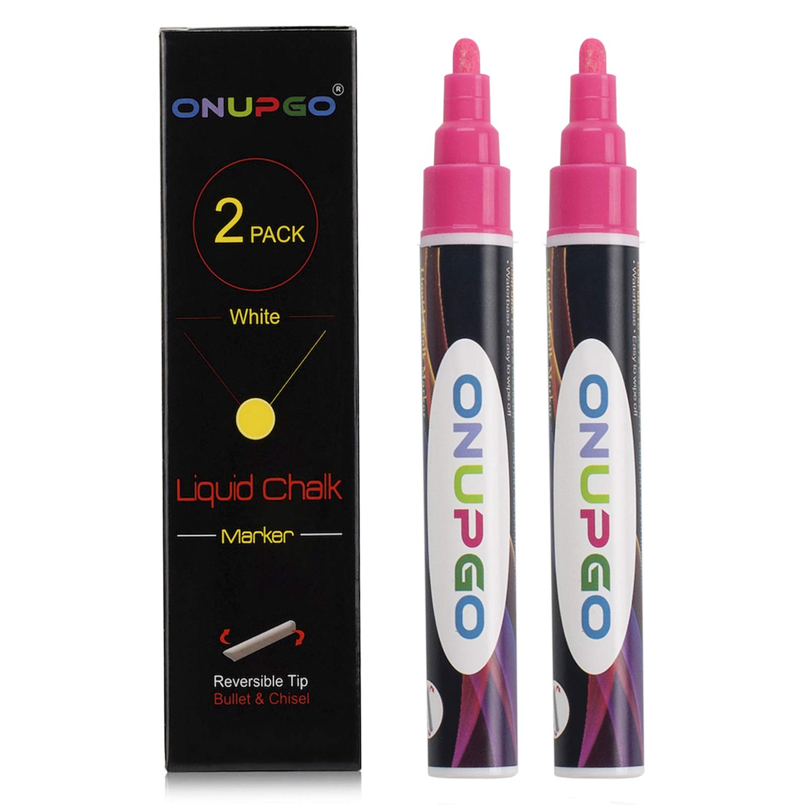 ONUPGO Liquid Chalk Markers 2 Pack - Erasable Chalkboard Pens for Signs, Windows, Blackboards & Glass - 6mm Reversible Tip - Perfect for Kids Art, Bistro Menus & DIY Projects