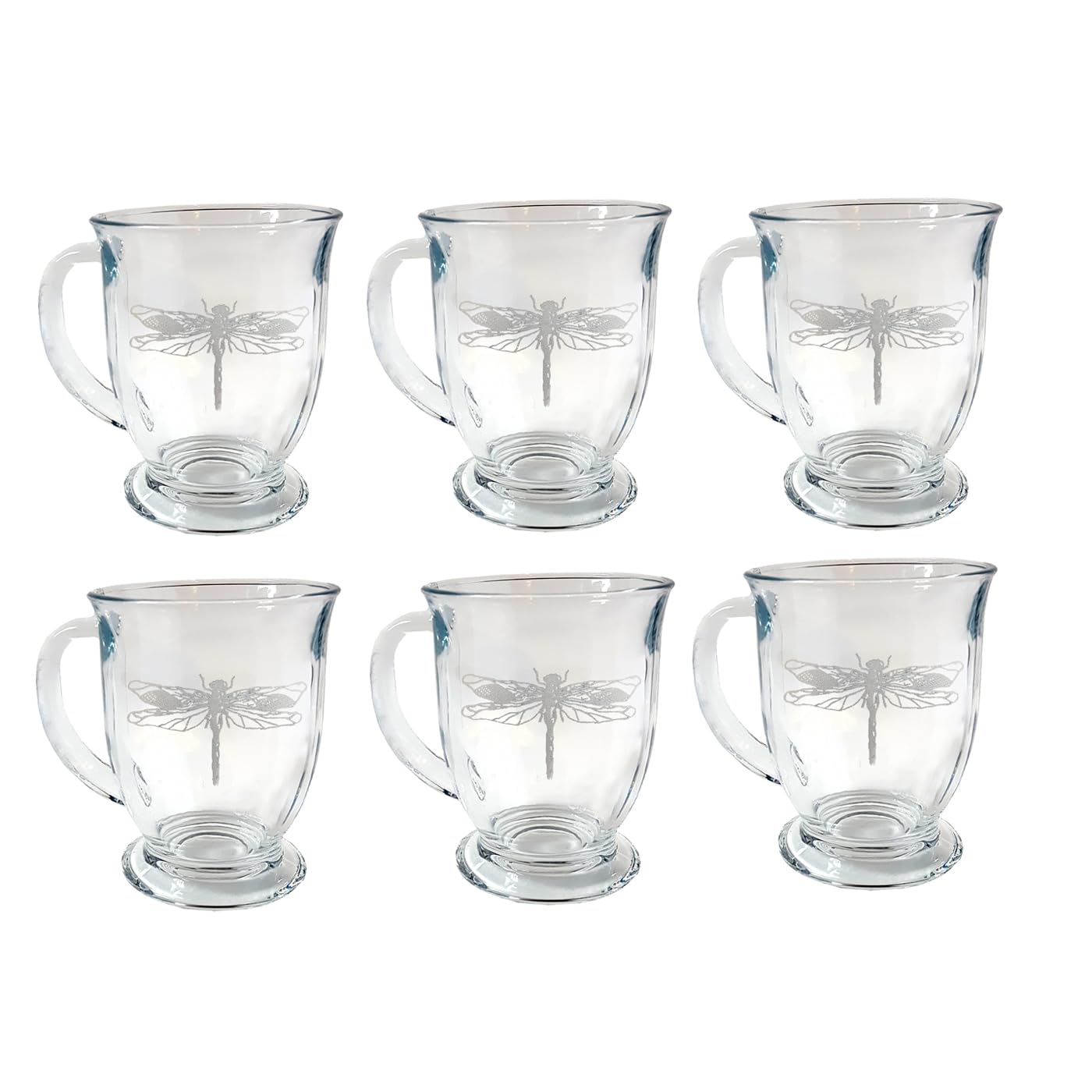 Set of 6 Dragonfly Design Glass Coffee Mugs - 16oz with Free Engraved Personalization | Elegant Drinkware for Home, Office, Restaurant & Gift Giving
