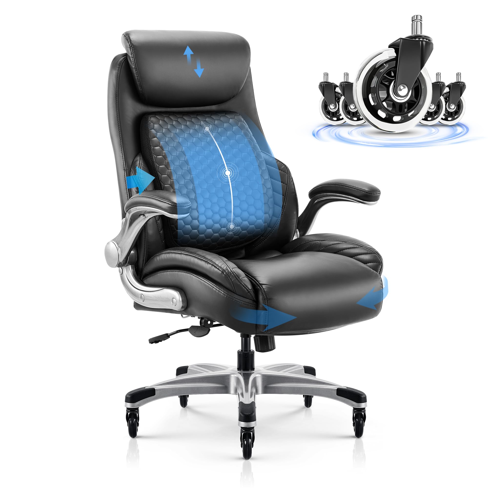 Premium Ergonomic Office Chair with Lumbar Support - High Back Executive Desk Chair with Adjustable Headrest, Flip-Up Arms & Upgraded Casters - Thick Cushioned Leather Chair for Home & Office Comfort (Black) - Perfect for Long Work Hours & Gaming Sessions