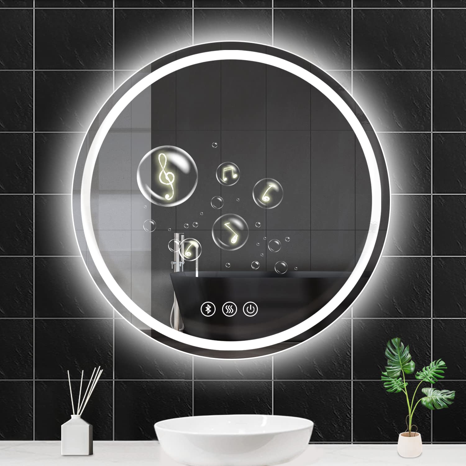 Habison 28 Inch Round LED Vanity Mirror with Dimmable Front & Backlight, Bluetooth Speakers, Anti-Fog, Shatterproof, Memory Function - 3 Color Options for Bathroom, Bedroom & Makeup Studio