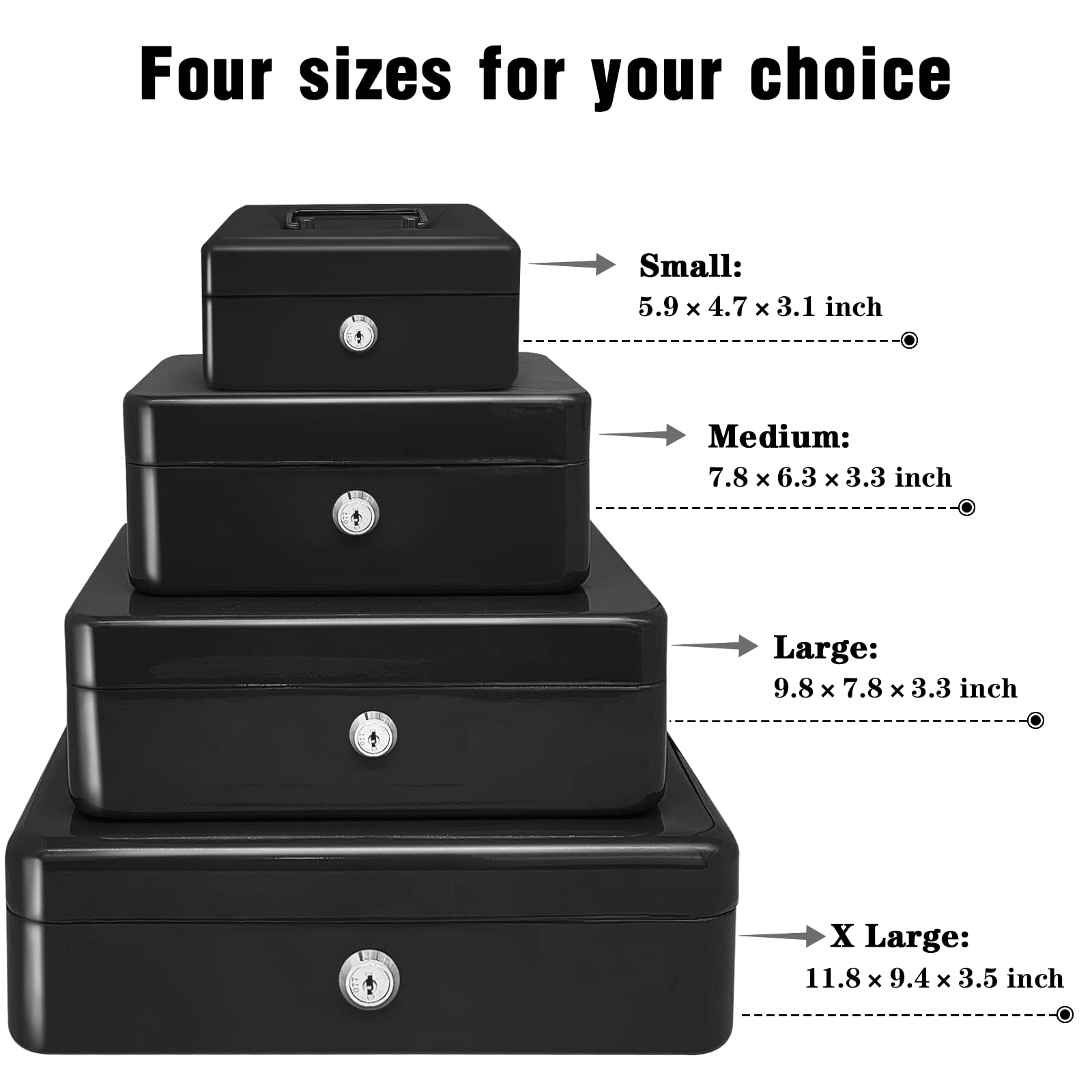 Steel Cash Box with Key Lock - 8 Inch Black Metal Money Organizer with Tray & Lockable Cover - Secure Cash Storage for Home, Office, or Retail Use