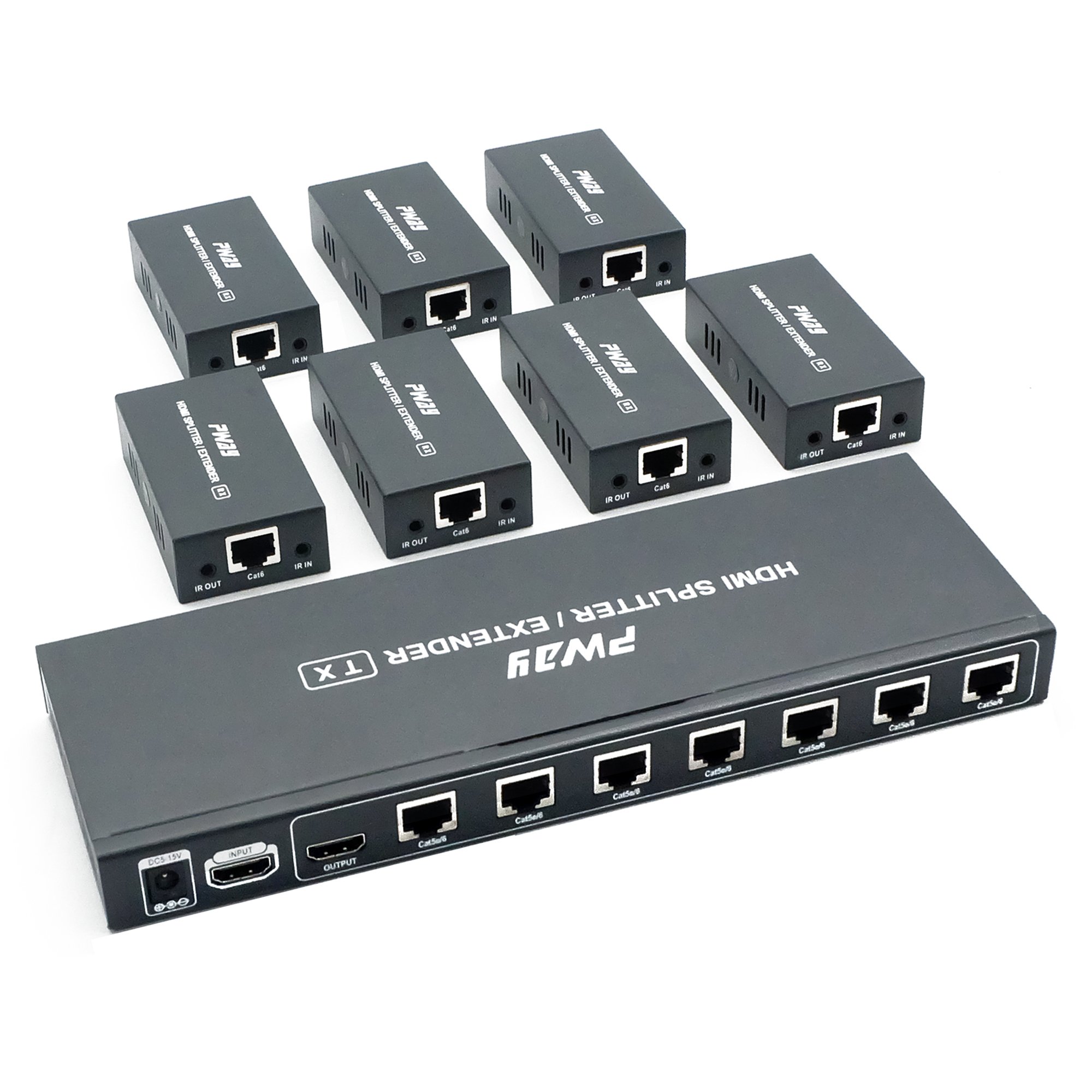 PW-HTS0107IR HDMI Splitter Extender 1x7 Port - 1080P HD Video Over Cat5e/Cat6 Ethernet Cable with IR Remote Control, No Delay up to 60m (196ft) - Perfect for Home Theater, Conference Rooms & Multi-Screen Displays