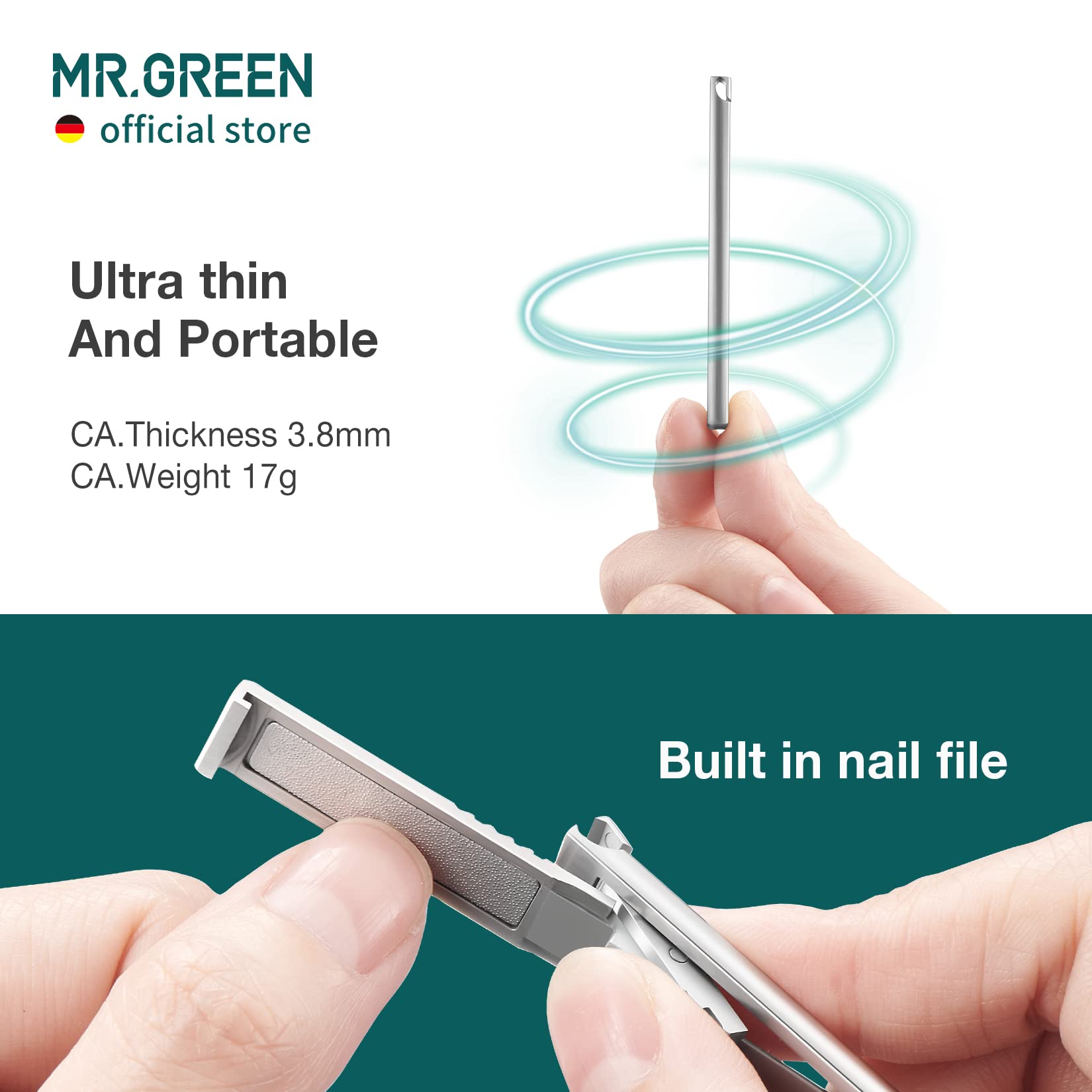 MR.GREEN Ultra Thin Nail Clippers - German Precision Stainless Steel Nail Cutters with Premium Cowhide Leather Case (Light Grey) | Perfect for Travel, Home & Professional Grooming Kits