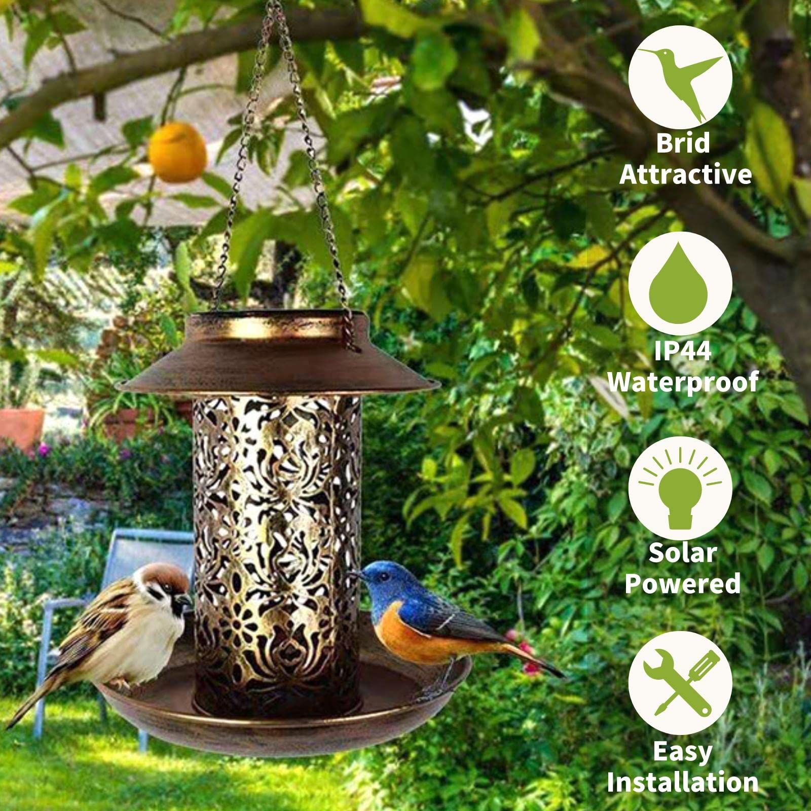 Solar-Powered Squirrel-Proof Bird Feeder - Metal Hanging Wild Bird Seed Feeder with LED Lantern Light for Outdoor Garden, Backyard & Landscape Decoration | Perfect Gift for Bird Lovers & Nature Enthusiasts | Attracts Cardinals, Finches & Songbirds to Your Yard