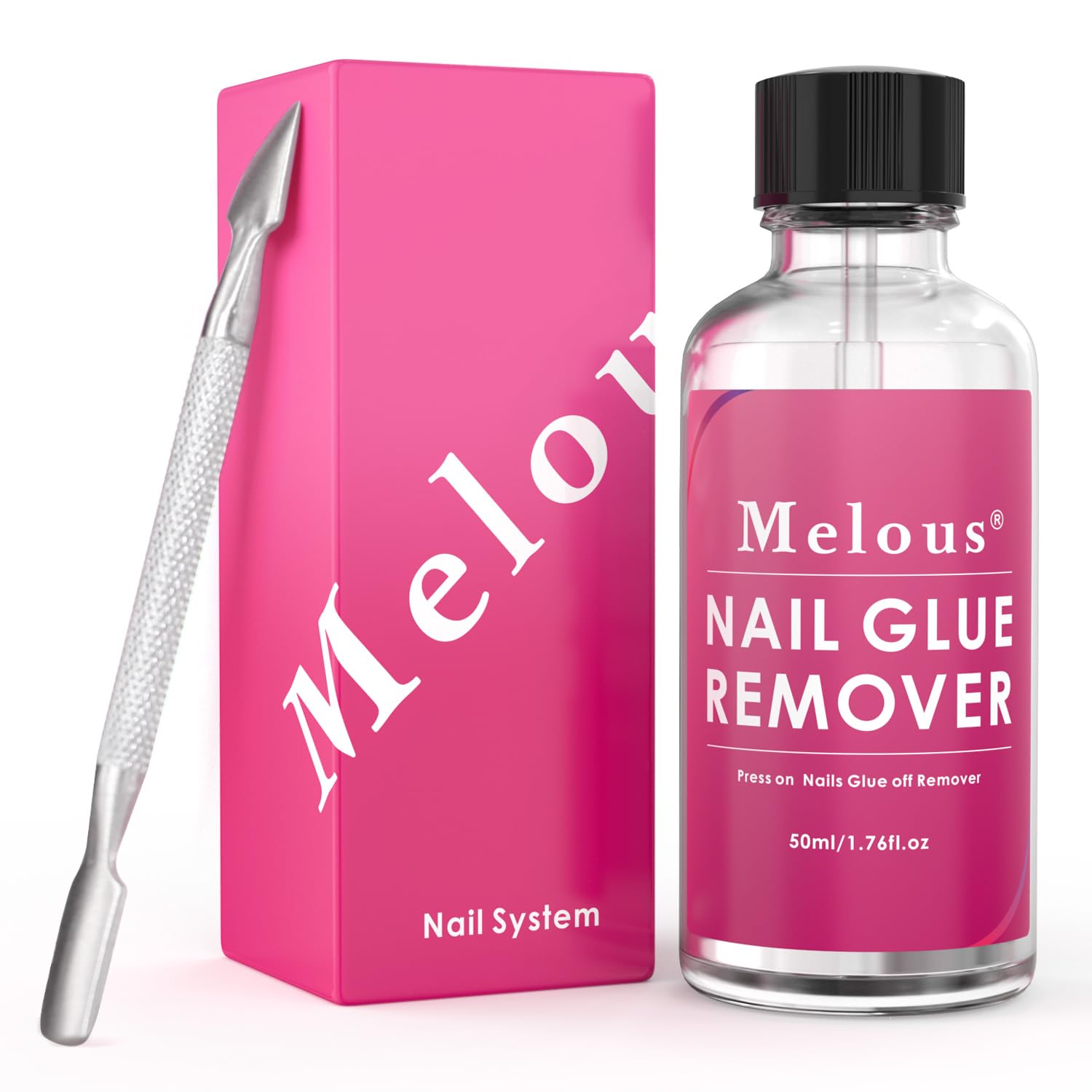 Melous Nail Glue Remover for Press On & Acrylic Nails - Cuticle Pusher Included | Easy Fake Nail Removal for Salon-Quality Manicures at Home
