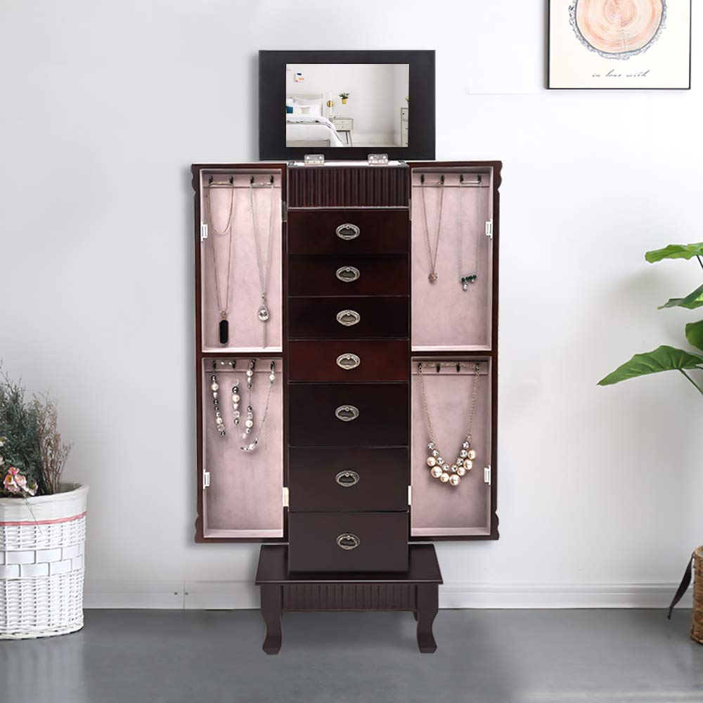 Standing Jewelry Armoire Cabinet - 7-Drawer Jewelry Box Organizer with 2 Swing Doors, 16 Necklace Hooks & Makeup Mirror (8-Layer Storage) - Perfect for Bedroom, Closet & Vanity Organization