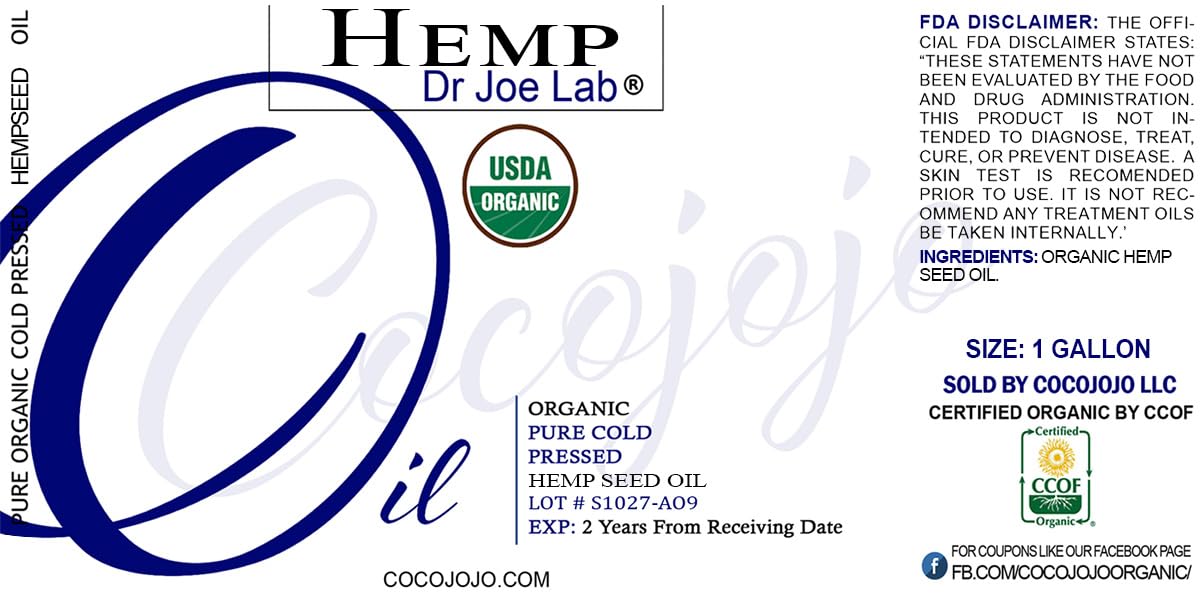 Organic Hemp Seed Oil 128oz (1 Gallon) - USDA Certified, Cold Pressed, Extra Virgin, Non-GMO, Vegan Carrier Oil - Perfect for DIY Essential Oils, Tinctures, Massage & Skin Care - Made in USA