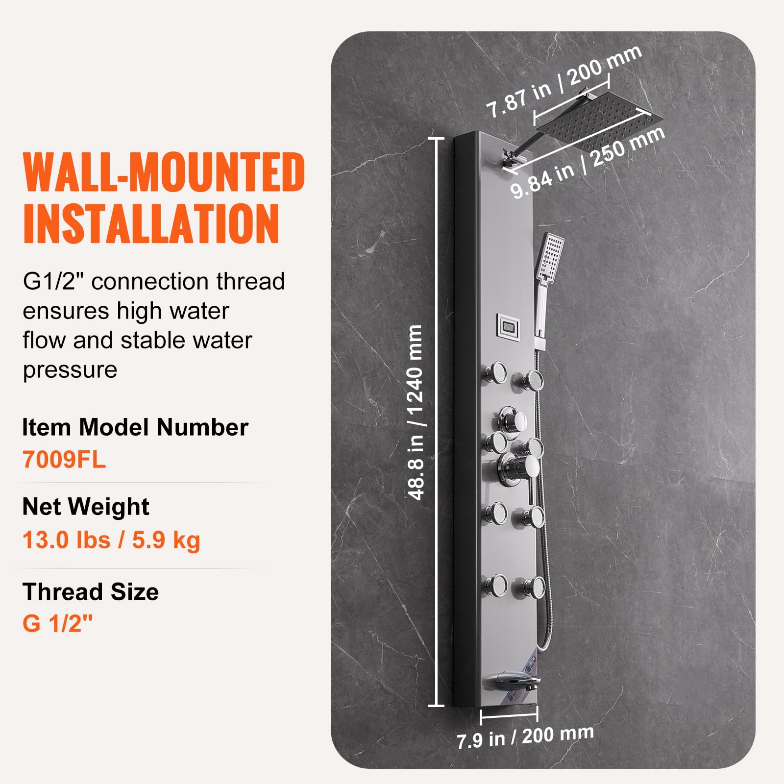 VEVOR Stainless Steel Shower Tower Panel with 5 Modes & Digital Display - Rainfall Shower, 8 Massage Jets, Tub Spout & 3-Setting Handheld Shower Head with 59