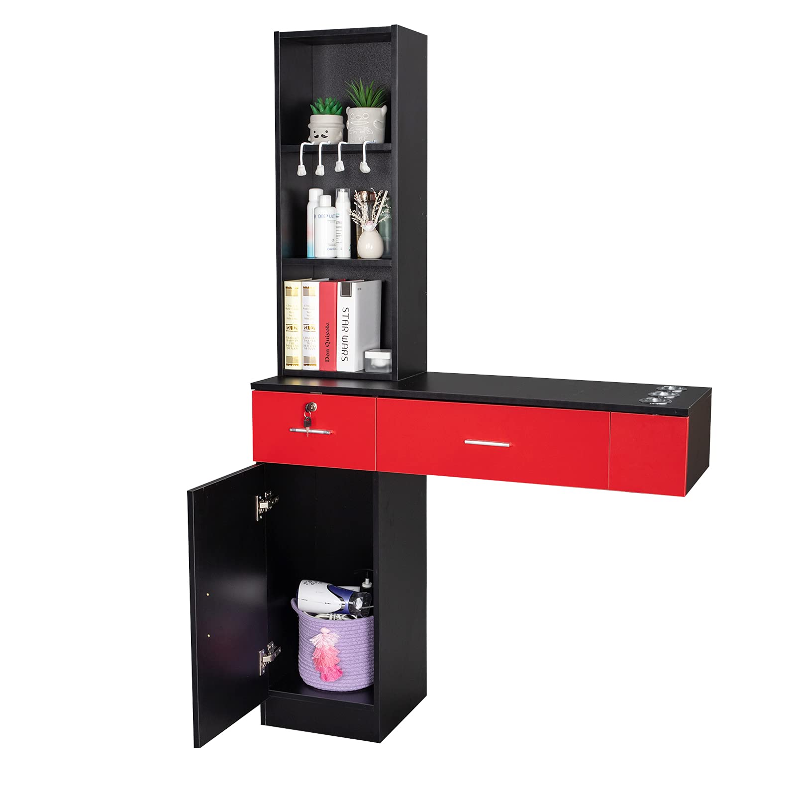 HOMVENT Wall Mount Salon Station Table - 3-Tier Hair Styling Cabinet with 2 Drawers & Hair Dryer Holder - Professional Beauty Salon Storage Organizer for Barbers & Stylists (Black & Red) - Perfect for Salon, Spa, Home Beauty Stations & Barber Shops