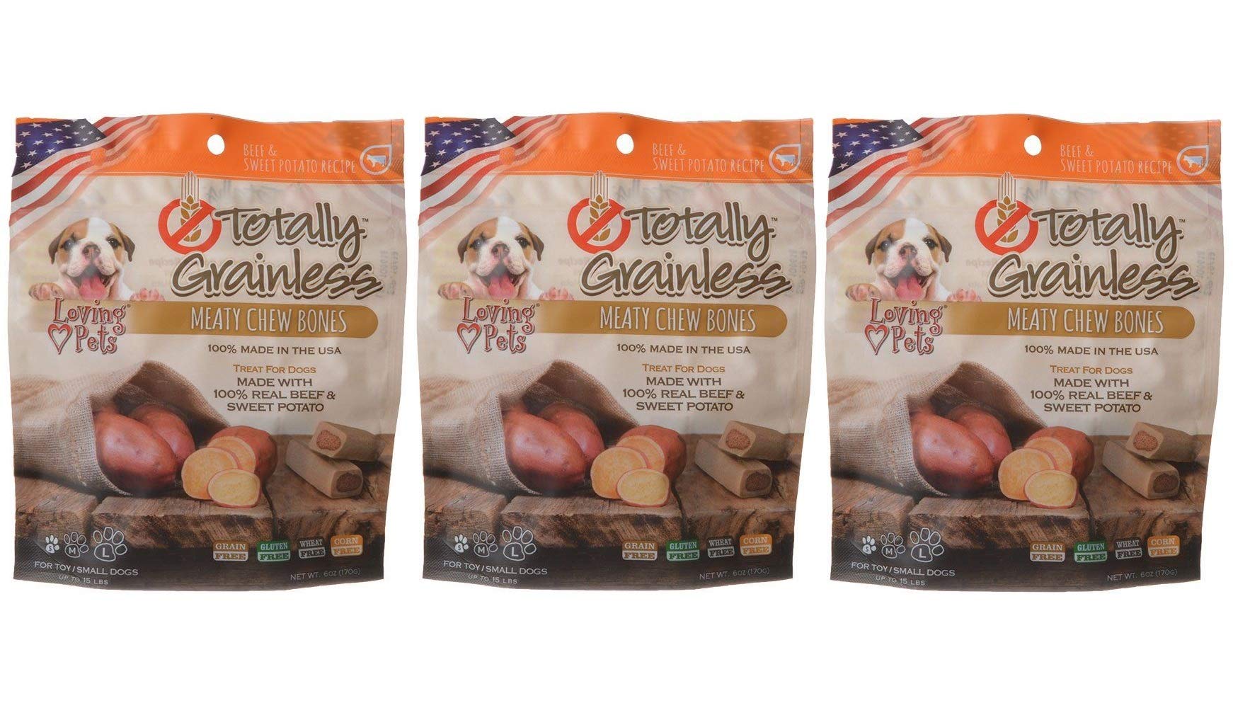 Loving Pets Grain-Free Beef & Sweet Potato Dog Treats - 3 Pack, 6oz Each - Made in USA - Healthy Chews for Small Dogs, Training Rewards & Dental Care