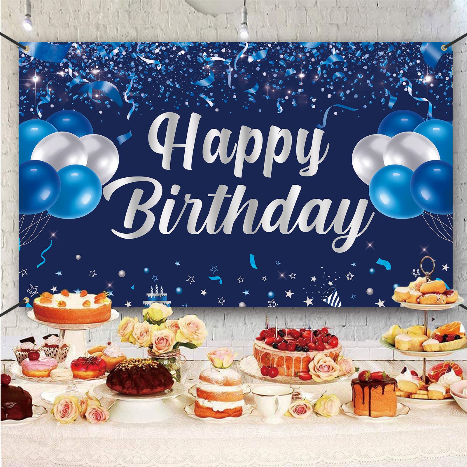 Blue and Silver Happy Birthday Banner Backdrop - Party Decorations for Men, Women, Kids - Indoor/Outdoor Photo Background - Perfect for Birthday Parties, Celebrations & Gift Giving