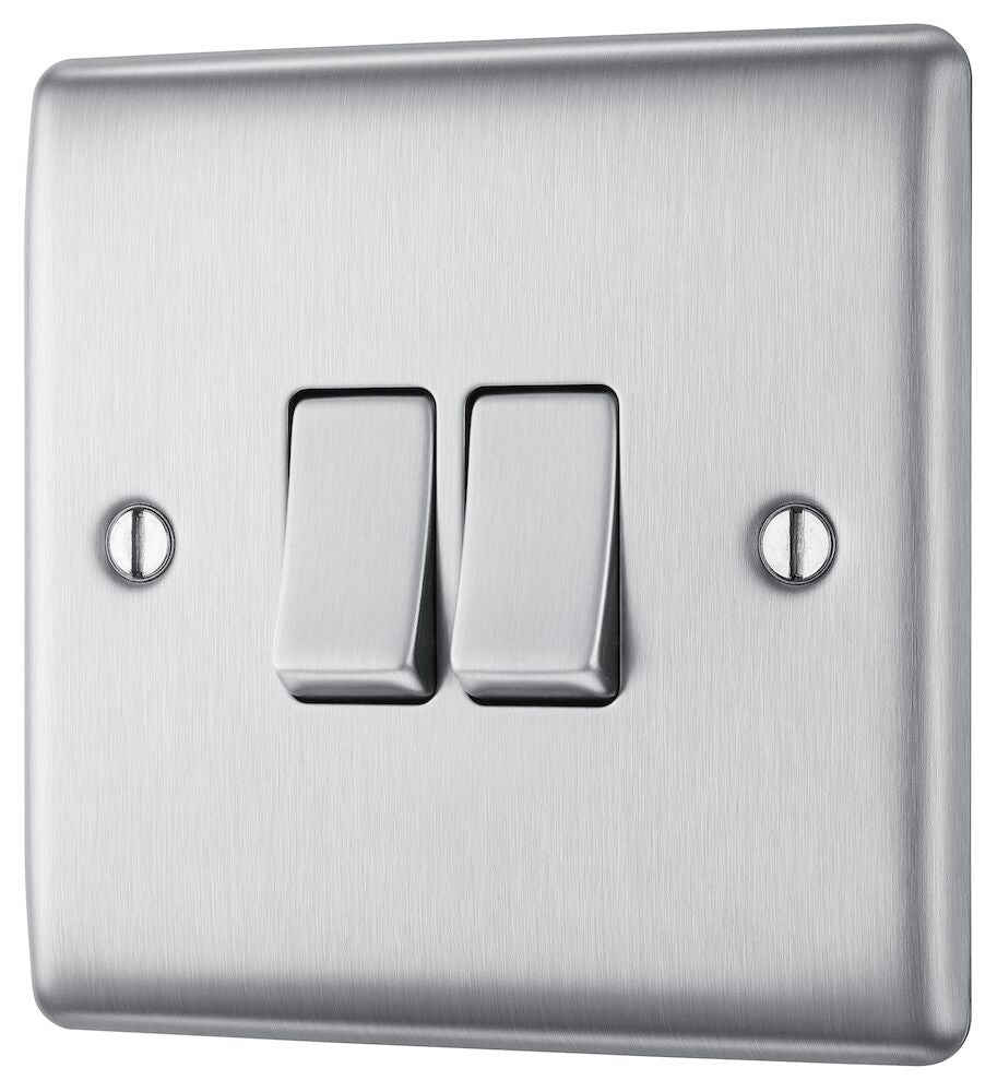 BG Nexus Brushed Steel 2-Gang 2-Way Light Switch Plate NBS42 - Modern Electrical Wall Plate for Home & Office Decor