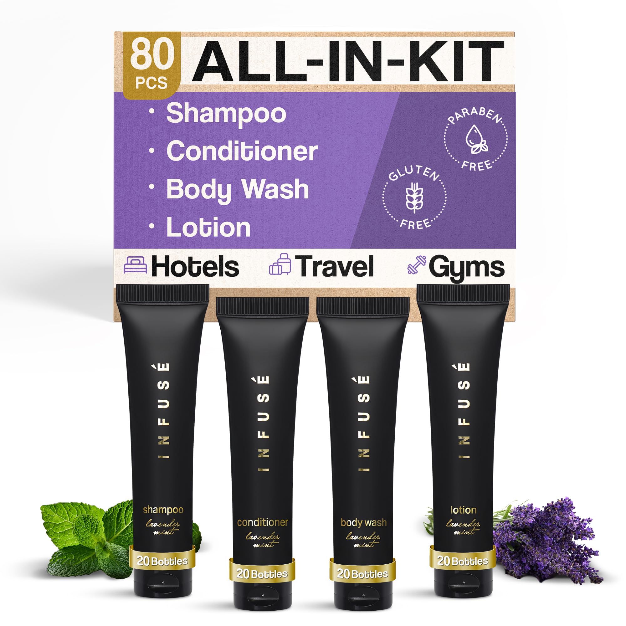 **Infused Black Soap & Toiletries Bulk Set – 80-Piece Hotel Amenities Kit (1 oz Shampoo, Conditioner, Body Wash & Lotion) – Perfect for Hotels, Vacation Rentals & Travel Essentials**