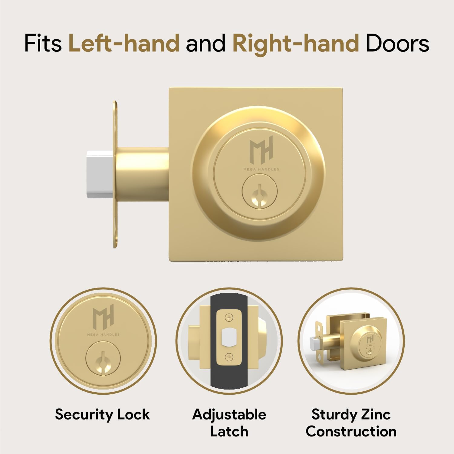 Heavy Duty Square Deadbolt Lock for Left or Right Handed Doors - Interior/Exterior Security - Satin Brass Finish - Ideal for Home, Office & Apartment Entry Doors - Mega Handles Prime Deadbolt I Entry Deadbolt Lock