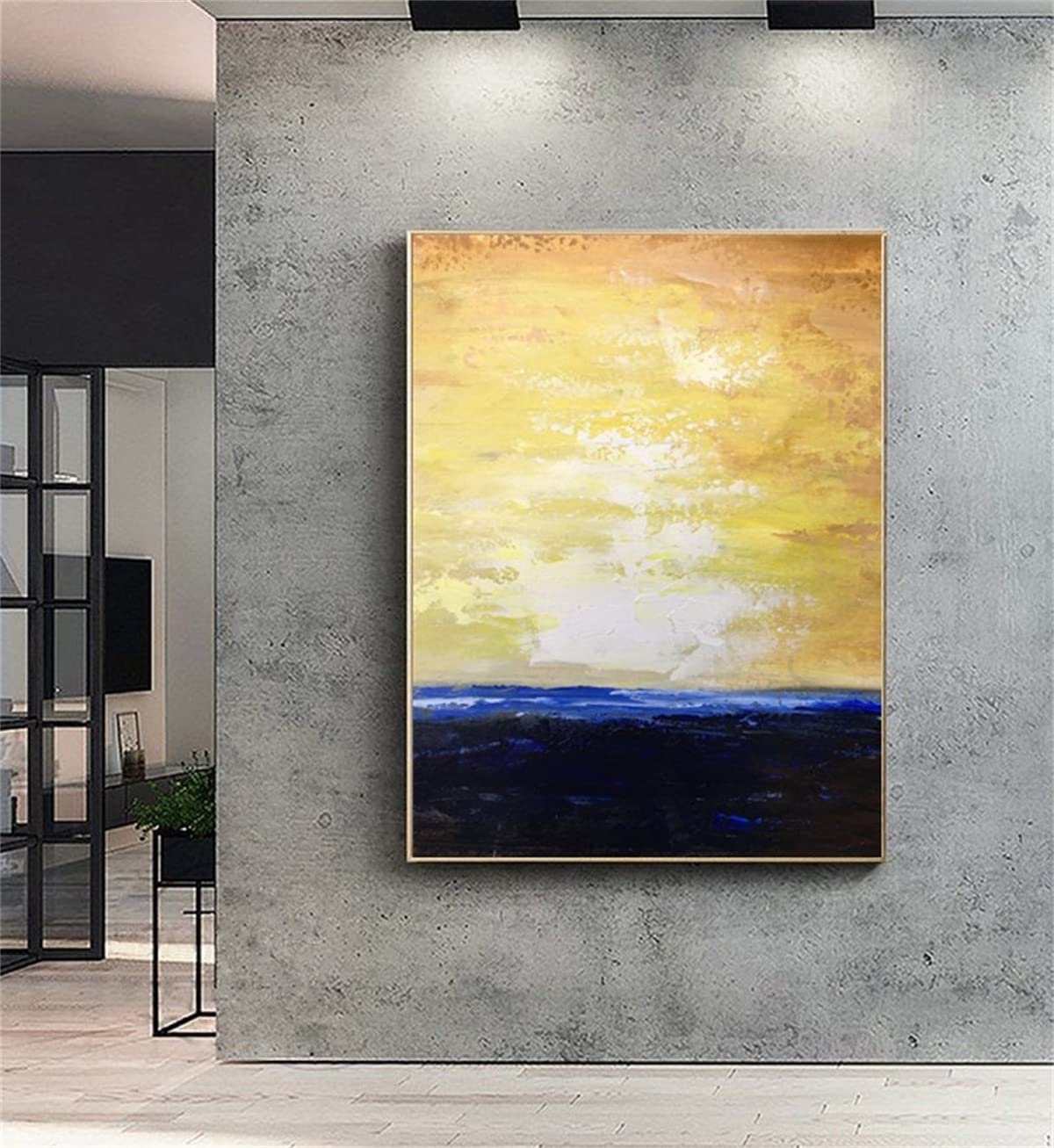 Large Blue Ocean Abstract Painting - Handmade Canvas Wall Art with Yellow Sky & Waves - Perfect for Living Room, Bedroom & Office Decor