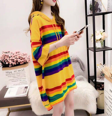 Harajuku Rainbow Stripe Hoodie for Women - Loose Pullover Sweatshirt | Pastel Pink Japanese Fashion | Cute & Sweet Girls Outfit | Perfect for Streetwear, Kawaii Style & Casual Wear