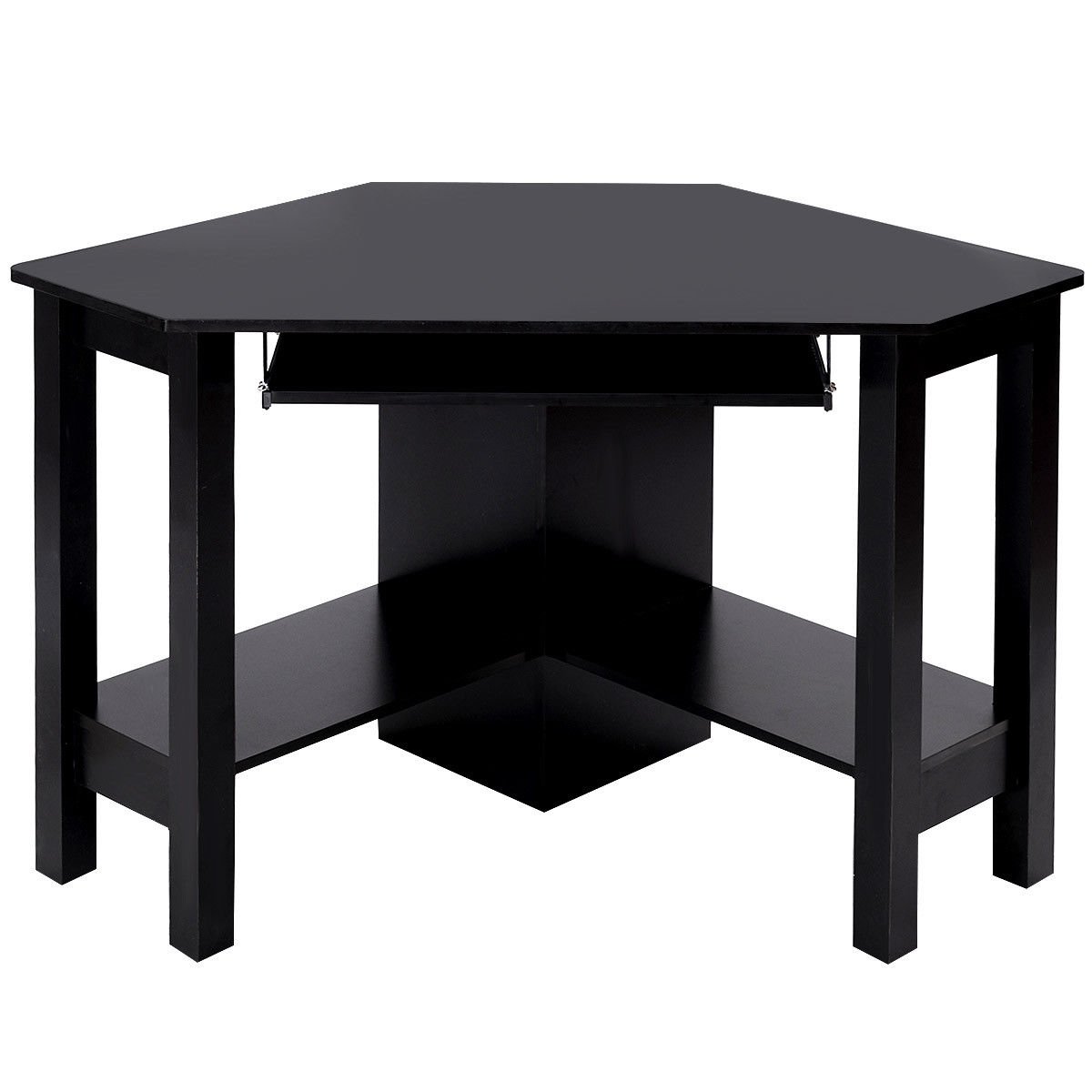 Black Wooden Corner Computer Desk with Slide-Out Keyboard Tray & 2 Storage Compartments | Compact L-Shaped PC Workstation for Home Office, Gaming & Study | Space-Saving Modern Furniture for Small Rooms & Apartments