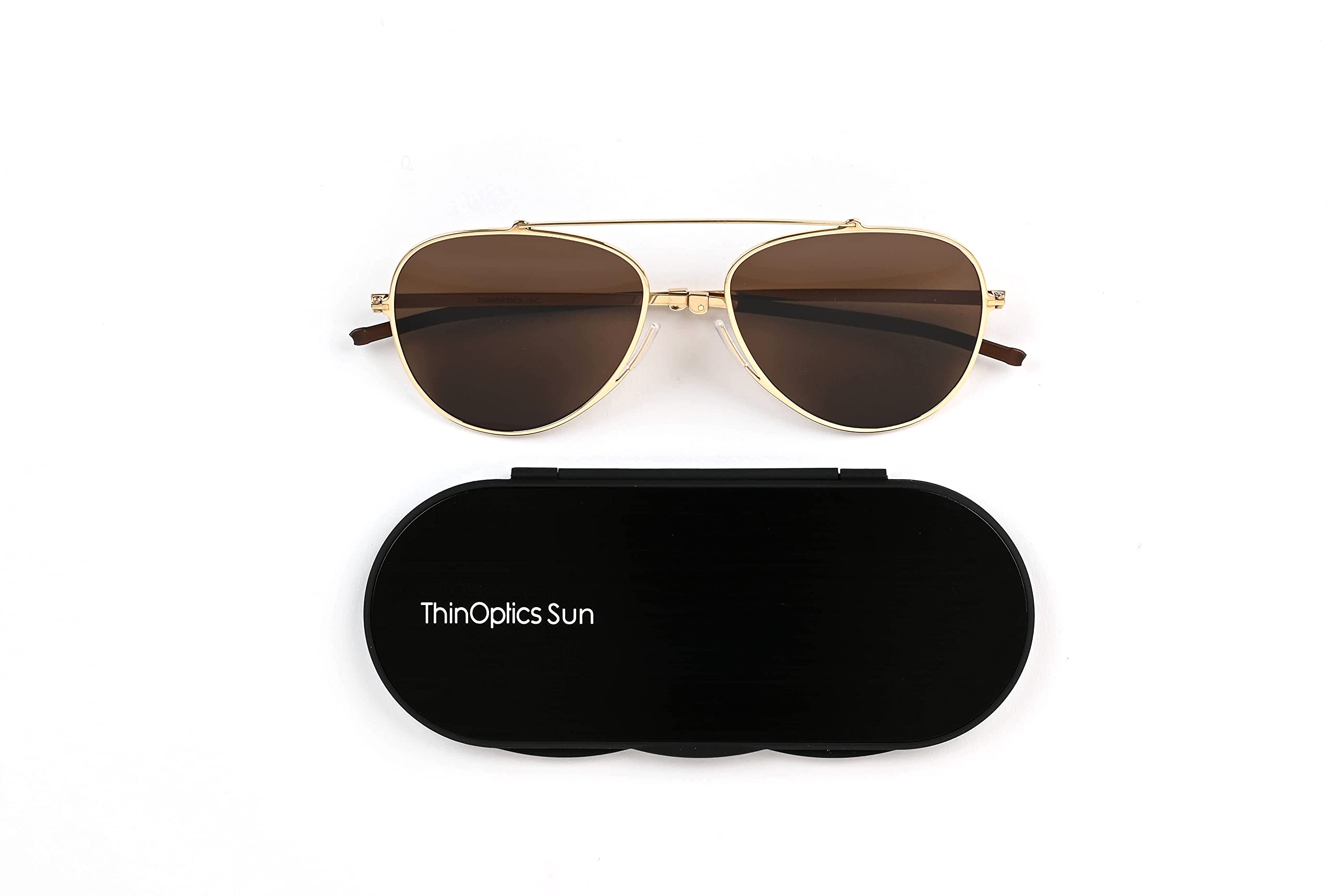 ThinOptics Milano Aluminum Case & Aviator Sunglasses - Gold Frame with Brown Lens (54mm) | Premium UV Protection for Driving, Travel & Outdoor Activities