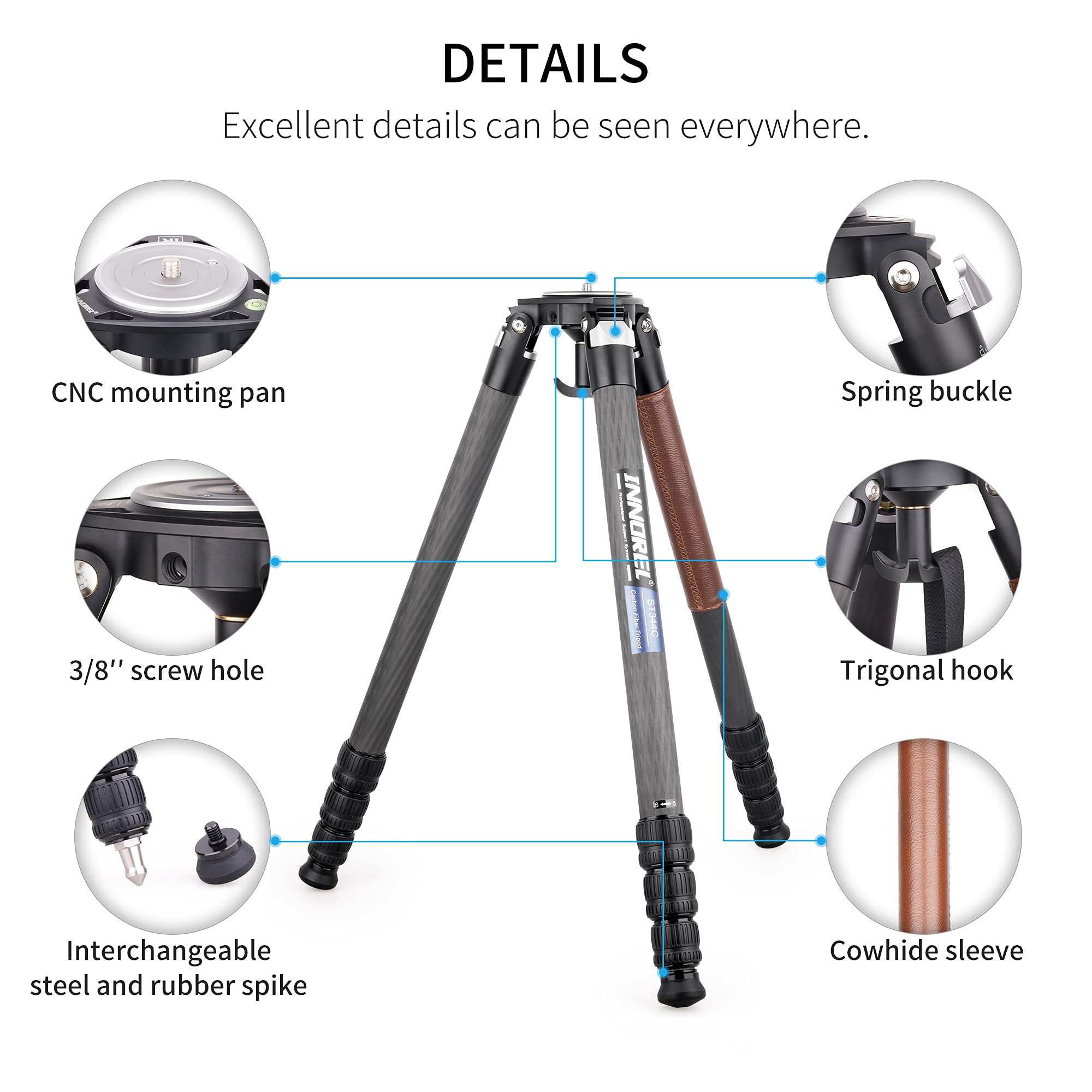 INNOREL ST344C Professional Carbon Fiber Tripod - Heavy Duty Camera Stand with 75mm Bowl Adapter, 34.4mm Tube Legs, 77.2 lbs Load Capacity (35kg), 63