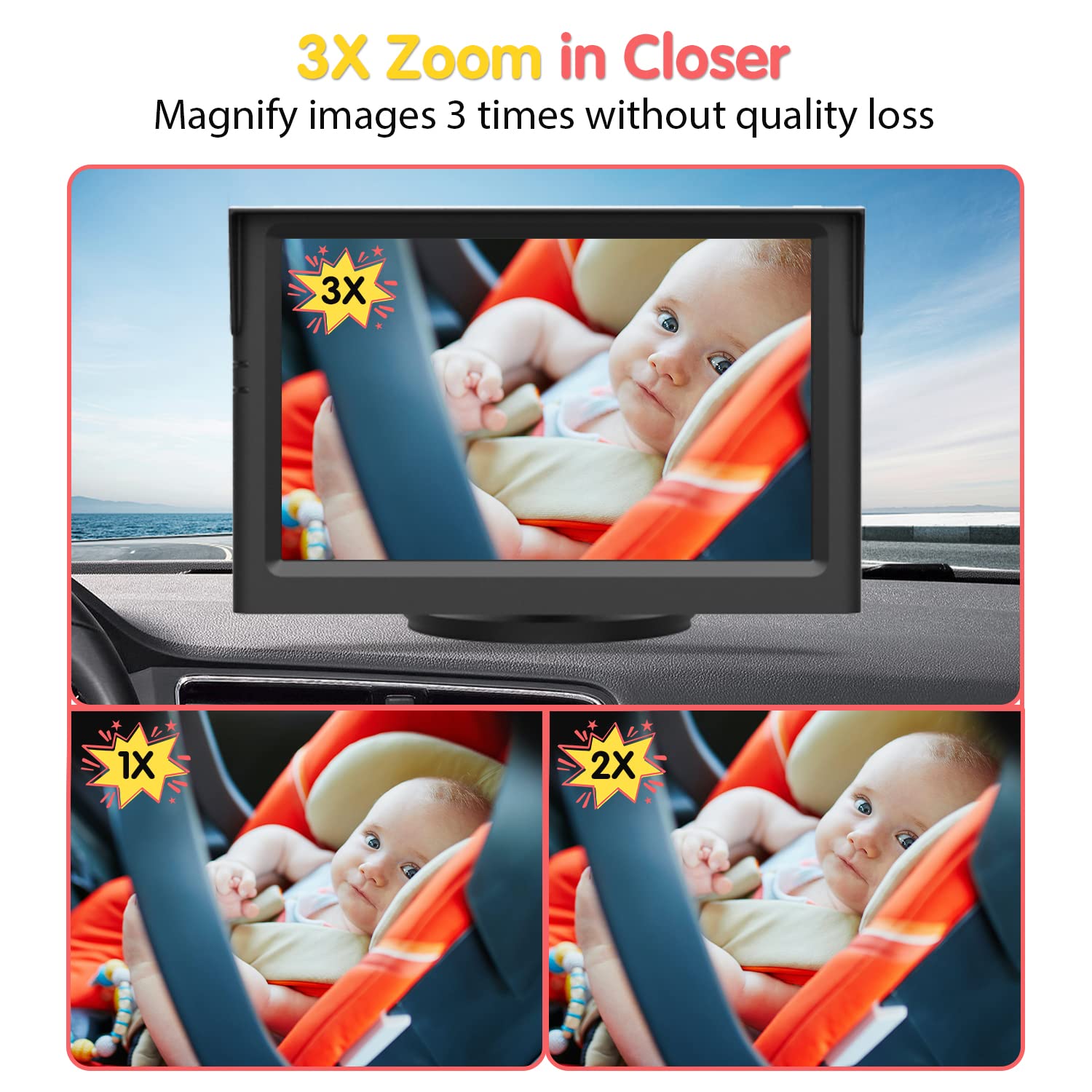 BM1 Baby Car Camera with Air Vent Clip - 5'' 1080P HD Monitor with IR Night Vision & 3X Zoom for Rear Facing Back Seat - Easy 5 Minute Installation - Perfect for Safe Driving with Kids in SUV, Minivan or Family Car