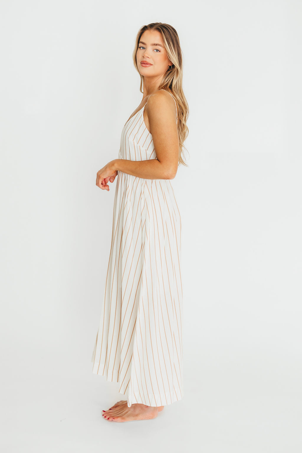 Genesis Stripe Midi Dress - Women's Flowy White & Taupe A-Line Summer Dress for Casual Outings, Beach Vacations & Date Nights