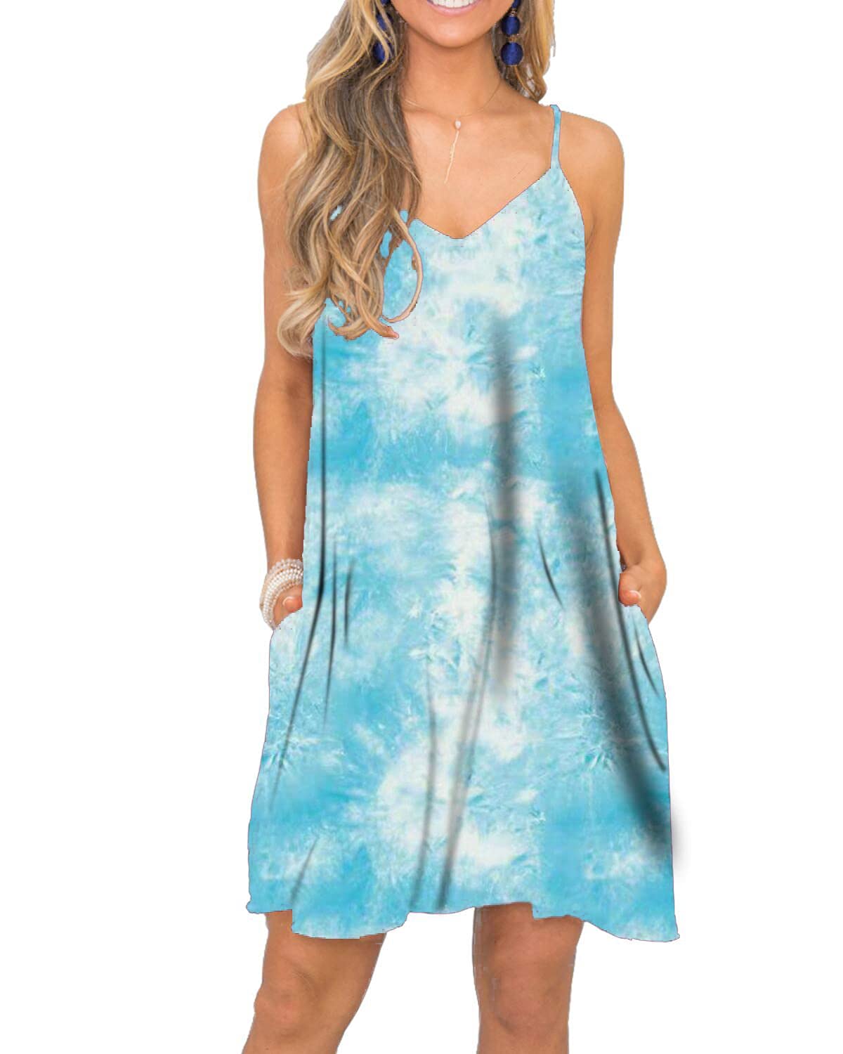 BEUFRI Women's Summer Spaghetti Strap Casual Swing Tank Dress with Pockets - Beach Cover Up, Poolside Lounge, Vacation Outfit, Boho Chic Style