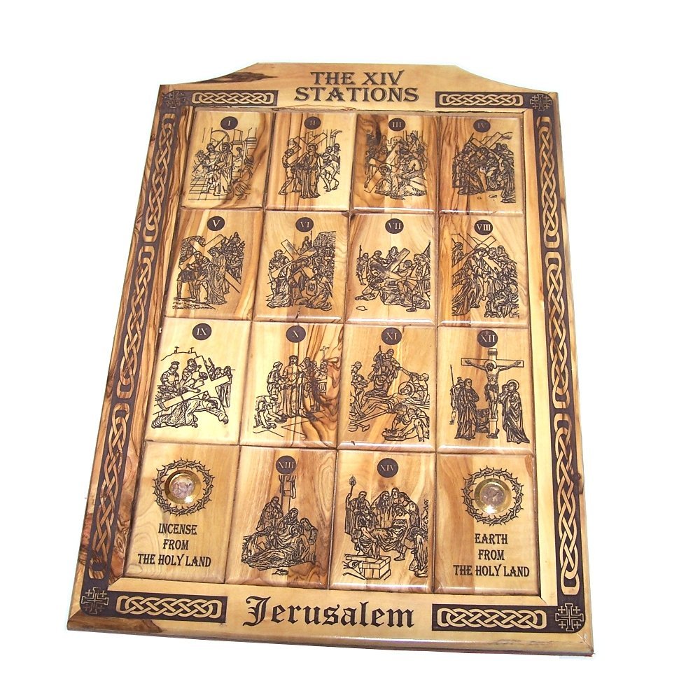 Handcrafted Holy Land Olive Wood Stations of The Cross Plaque - Laser Engraved Religious Icon (15x10.5 Inch) for Home Altar, Church Decor & Christian Gift