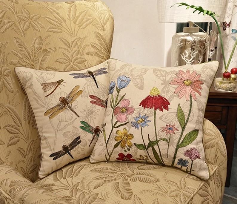 Dragonfly and Flower Cotton Linen Embroidered Decorative Pillow Cover - Bohemian Throw Pillow for Sofa, Bed, Car & Home Decor - Soft Cushion Cover for Living Room, Bedroom, Office
